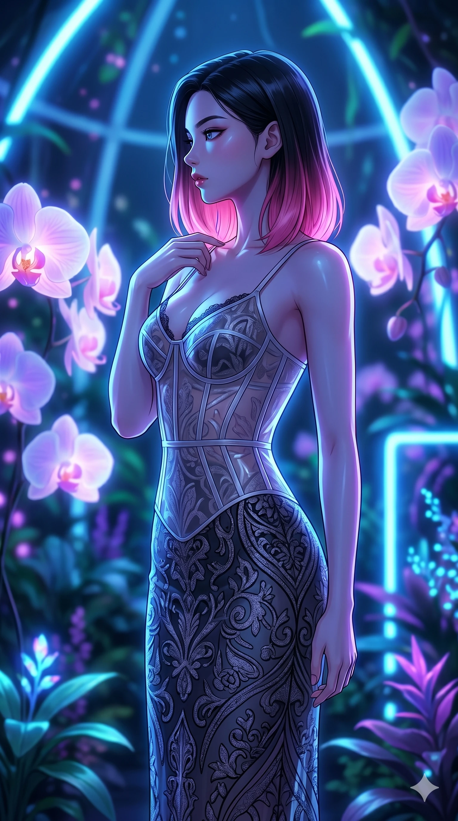 score_9, masterpiece, best quality, ultra-detailed, high-budget anime keyframe, editorial fashion photography, tasteful artistic composition, Korean woman. cowboy shot from the thighs up, character and outfit filling the frame for maximum editorial presence. turning her face in a sharp profile, her expression cool in a bioluminescent rainforest dome where orchid petals glow softly (Code-P18-155). She has an absolutely perfect 8-heads proportion, an exceptionally tall and slender female figure with impossibly long slender legs and an ultra-slim waist. V-shaped jawline, high-bridge nose, intricate jewel-like eyes with depth, thick eyelashes, glossy lips with a natural sheen. wearing a translucent structured bodice over a dark patterned embroidery slip dress. cool blue and violet neon light, highlighting the sleek contours of her athletic figure. 2k, ultra detail, master piece, 9:16 ratio