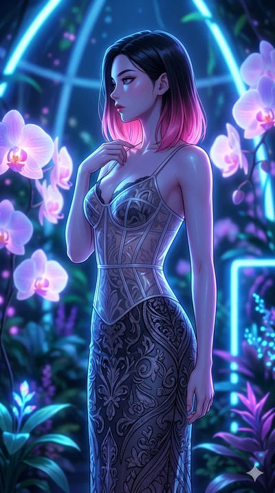 score_9, masterpiece, best quality, ultra-detailed, high-budget anime keyframe, editorial fashion photography, tasteful artistic composition, Korean woman. cowboy shot from the thighs up, character and outfit filling the frame for maximum editorial p