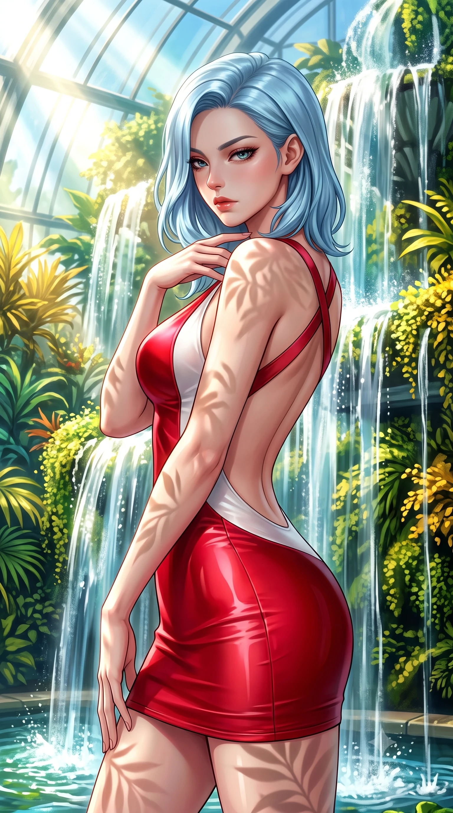 score_9, masterpiece, best quality, ultra-detailed, high-budget anime keyframe, semi-realistic 3D game render, editorial fashion photography, tasteful artistic composition, Korean woman. close-up cowboy shot from the waist and thighs up, the character dominates the composition, filling the frame with her large presence. resting her fingers lightly against her throat while looking down with a smoldering, haughty yet intensely captivating glance while pivoting dynamically beside a cascading glasshouse fountain catching intense volumetric sunbeams. The surrounding environment is rendered in vivid detail and crisp panoramic clarity. vibrant emerald and gold plant textures rendered with high environmental clarity. She has an exceptionally elegant, slender, and willowy female figure with an ultra-slim waist, a gracefully sculpted slender torso, toned flat midriff, and a refined slim silhouette. sharp v-shaped jawline, high-bridge nose, intricate jewel-like eyes with depth, thick eyelashes, glossy lips with a natural sheen, flawlessly proportioned anatomical accuracy, strict slender model proportions, natural body alignment, perfectly sculpted long slender limbs, ultra-slim waistline, clean dynamic posture without body distortion. wearing a second-skin fashion-latex mini dress with a clean architectural front, featuring an open-back design that wraps around the sides of her waist, showcasing her slender silhouette in radiant crimson silk and crisp snow white, tailored from semi-translucent cybernetic vinyl with glowing micro-filaments, complemented by criss-cross back straps highlighting her completely bare spine, the liquid-tight tailored fabric emphasizing every curve of her tall, slender model proportions and sculptured silhouette during dynamic movement. illuminated by fresh botanical ambient radiance with organic leaf-shadow stencils on her skin. highly saturated vibrant anime colors, detailed shading with soft gradients, rich glossy textures, high-contrast stereoscopic depth, volumetric dynamic lighting, master piece, 9:16 ratio