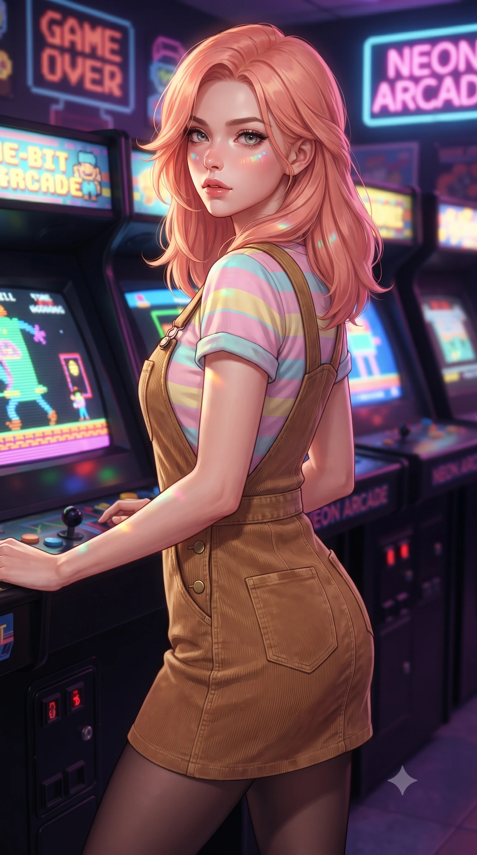 score_9, masterpiece, best quality, ultra-detailed, high-budget anime keyframe, editorial fashion photography, tasteful artistic composition, Japanese woman. close-up cowboy shot from the waist and thighs up, the character dominates the composition, filling the frame with her large presence. turning over her shoulder with an indomitable, smoldering gaze, her soft hair framing her razor-sharp v-shaped jawline while pivoting dynamically between colorful arcade cabinets as 8-bit CRT screens flash vibrant pixel art across her stylish outfit. The composition keeps background elements in soft focus with creamy bokeh. flickering coin-slot lights and pixel scanline glints scattering vibrant nostalgic light motes. She has an exceptionally elegant, slender, and willowy female figure with an ultra-slim waist, a gracefully sculpted slender torso, toned flat midriff, and a refined slim silhouette. sharp v-shaped jawline, high-bridge nose, intricate jewel-like eyes with depth, thick eyelashes, glossy lips with a natural sheen, captivating and magnetic expression, flawlessly proportioned anatomical accuracy, strict slender model proportions, natural body alignment, perfectly sculpted long slender limbs, ultra-slim waistline, clean dynamic posture without body distortion. wearing a vintage corduroy dungaree dress layered over a pastel striped baby-tee with rolled cuffs in vintage camel brown and washed indigo denim, tailored from velvety soft genuine suede with classic stitched seams, accented with a vintage gold coin pendant necklace and dark sheer tights, the precision-cut daring openings accentuating her delicate midriff, graceful bare collarbones, and ultra-slim feminine waistline. bathed in multicolored arcade screen glows and vibrant neon alleyway downlights. ultra-reflective glossy finish, specular highlights, rich textural contrasts, high-contrast stereoscopic depth, volumetric dynamic lighting, 2k, ultra detail, master piece, 9:16 ratio