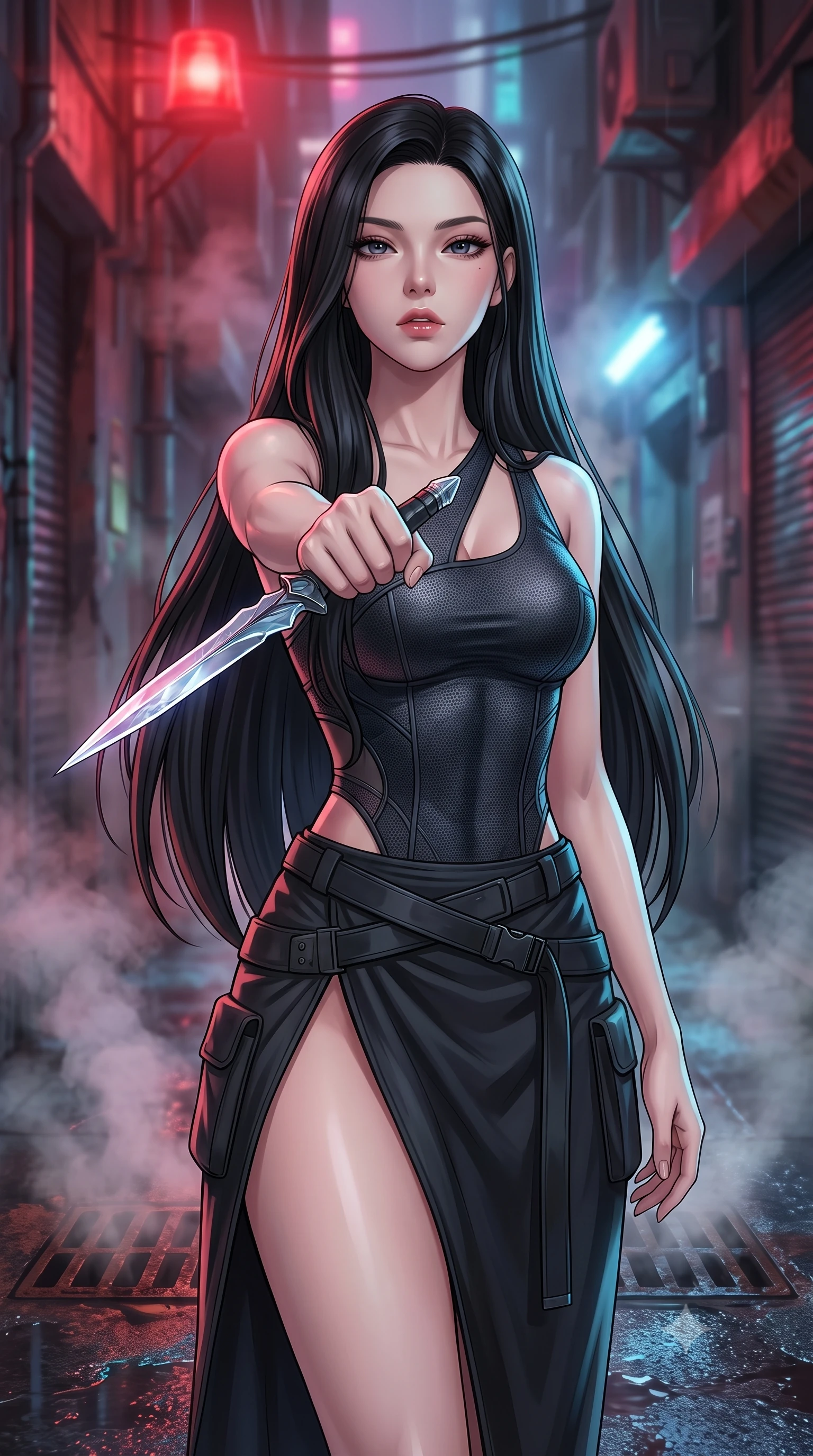 score_9, masterpiece, best quality, ultra-detailed, high-budget anime keyframe, editorial fashion photography, tasteful artistic composition, Korean woman. close-up cowboy shot from the waist and thighs up, the character dominates the composition, filling the frame with her large presence, background elements kept in soft focus. pointing a crystal-edged laser dagger forward in a defensive stance, tilting her chin up slightly with lips parted in a composed pose, the background shows a soft-focus a wet cyberpunk alleyway filled with steam rising from rusted iron grates. She has an exceptionally elegant, slender, and willowy female figure with an ultra-slim waist, a gracefully sculpted slender torso, and a refined silhouette. sharp v-shaped jawline, high-bridge nose, intricate jewel-like eyes with depth, thick eyelashes, glossy lips with a natural sheen. wearing a body-hugging asymmetric one-shoulder nanotech bodice paired with a daring high-slit tactical utility wrap skirt. underground steam vents catching a pulsing crimson warning beacon light from above. highly saturated vibrant anime colors, detailed shading with soft gradients, rich glossy textures, high-contrast stereoscopic depth, volumetric dynamic lighting, master piece, 9:16 ratio