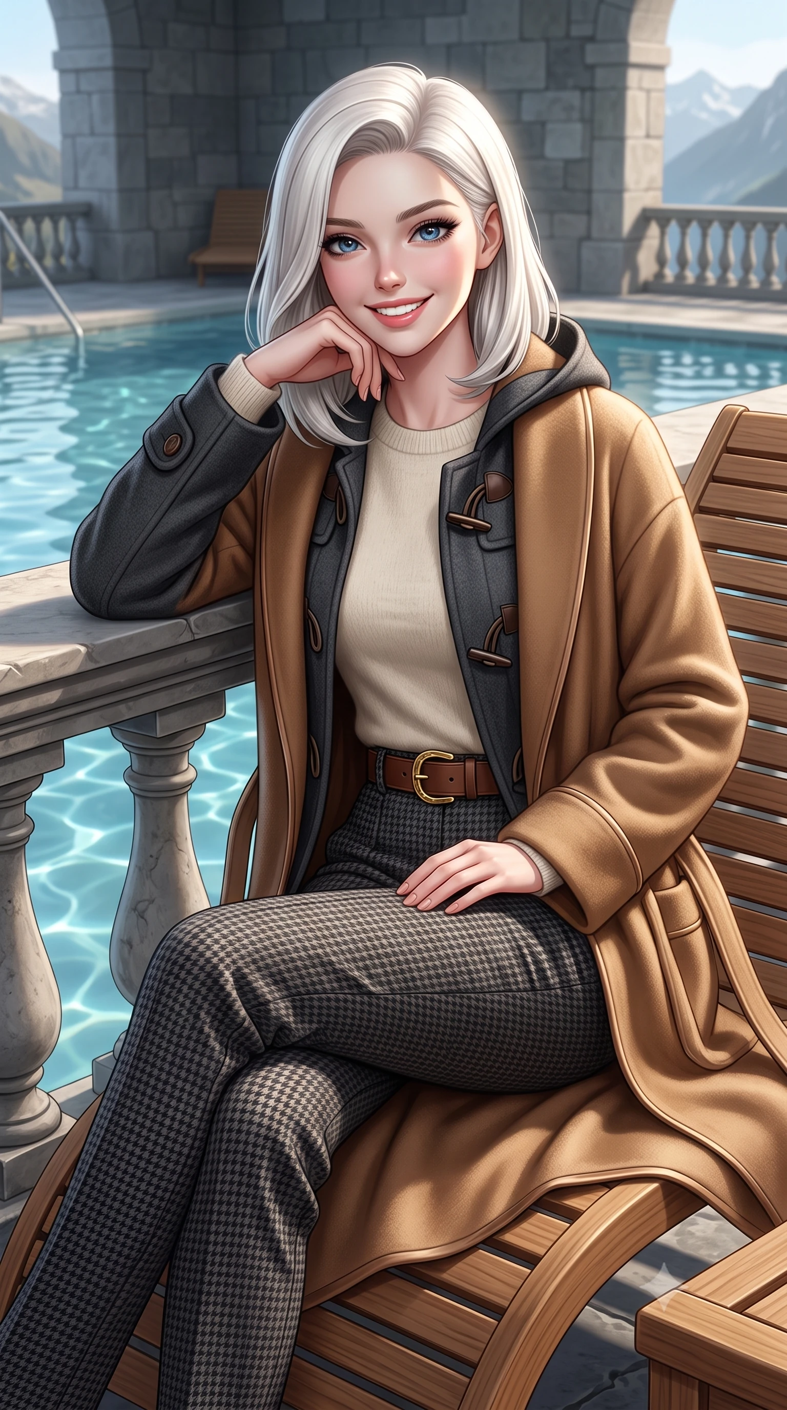 score_9, masterpiece, best quality, ultra-detailed, high-budget anime keyframe, semi-realistic 3D game render, editorial fashion photography, tasteful artistic composition, Caucasian woman. close-up cowboy shot from the waist and thighs up, the character dominates the composition, filling the frame with her large presence. resting one elbow on the stone balustrade, chin poised lightly on her hand with intelligent, charming warmth while sitting gracefully on an ergonomic teak chaise lounge beside the thermal relaxation pool, wrapped in a plush cashmere robe coat with quiet luxury. The surrounding environment is rendered in vivid detail and crisp panoramic clarity: detailed belted cashmere robe coat tailoring, silk piping borders, and master Swiss spa architecture in razor-sharp precision. She has an exceptionally elegant, slender, and willowy female figure with an ultra-slim waist, flat toned midriff, narrow ribcage, and sculpted feminine hips creating an alluring, slim hourglass silhouette without bulk. sharp v-shaped jawline, high-bridge nose, intricate jewel-like sparkling eyes with depth, thick eyelashes, glossy parted lips with a natural peach sheen, bright cheerful beaming smile with an enchanting and coquettish sensual glint, exuding both youthful cute charm and seductive allure, flawlessly proportioned anatomical accuracy, strict slender model proportions, natural body alignment, perfectly sculpted long slender limbs, ultra-slim waistline, clean dynamic posture without body distortion. wearing a structured boiled-wool duffle coat with horn toggles over a soft alpaca sweater and tailored wool slacks in classic Savile Row charcoal houndstooth and crisp ivory, crafted from ultra-soft Mongolian cashmere with exquisite insulating warmth and tactile softness, finished with a smooth equestrian bridle-leather belt with a polished brass horseshoe buckle, the bespoke architectural tailoring hugging her natural waistline with sartorial precision, creating a clean graceful hourglass silhouette with tall model elegance. illuminated by thermal pool surface caustics and soft pearlescent rim lights accentuating her sharp jawline and slender hourglass silhouette. highly saturated vibrant anime colors, detailed shading with soft gradients, rich glossy textures, high-contrast stereoscopic depth, volumetric dynamic lighting, master piece, 9:16 ratio