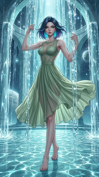 score_9, masterpiece, best quality, ultra-detailed, high-budget anime keyframe, editorial fashion photography, tasteful artistic composition, Caucasian woman, strictly human ears. low angle full-body shot from head to toe showing her feet, filling th