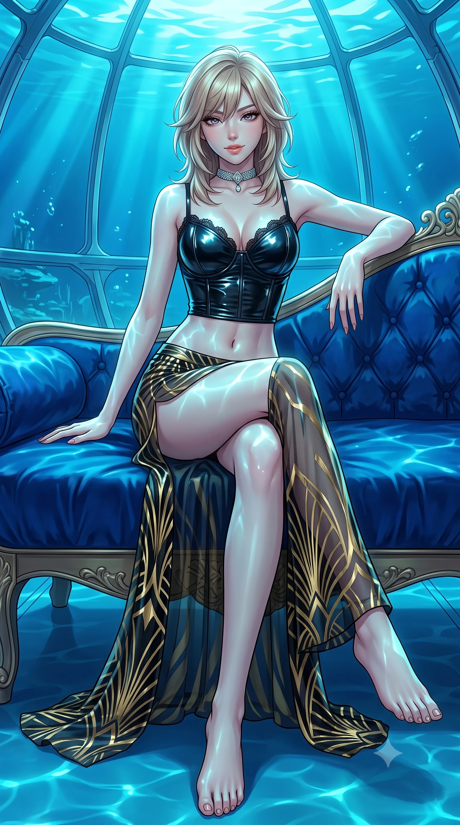 score_9, masterpiece, best quality, ultra-detailed, high-budget anime keyframe, semi-realistic 3D game render, editorial fashion photography, tasteful artistic composition, Japanese woman. low angle full-body shot from head to toe showing her feet, filling the entire 9:16 vertical frame with her statuesque presence, stretching her vertical silhouette. lounging on the lavish daybed with legs crossed and hips angled toward the camera, displaying her toned midriff and long slender limbs with effortless siren poise while twisting her slender torso in an alluring contrapposto stance, shimmering aquatic light caustics refracting across her curves and flat midriff. The surrounding environment is rendered in vivid detail and crisp panoramic clarity: detailed strapless boned corset gown weave, diamond choker shine, and futuristic marine engineering in razor-sharp precision. She has an absolutely perfect, statuesque 8.5-heads proportion, an exceptionally tall and slender model-like female figure with impossibly long slender legs, an ultra-slim waist, a flat toned midriff, narrow delicate ribcage, and beautifully sculpted feminine hips creating a graceful, slim hourglass silhouette without any bulky heaviness. sharp v-shaped jawline, high-bridge nose, sparkling eyes with hypnotic seductive depth, thick curled eyelashes, glossy parted lips with a natural dewy peach sheen, alluring bedroom-eyes with an enchanting coquettish smile, exuding magnetic siren charisma and sophisticated glamour, flawlessly proportioned anatomical accuracy, strict slender model proportions, natural body alignment, perfectly sculpted long slender limbs, ultra-slim waistline, clean dynamic posture without body distortion. wearing a wet-look form-fitting vinyl bustier paired with sheer chiffon high-slit wide-leg trousers in Shanghai Art Deco black and polished brass gold, crafted from wet-look high-gloss vinyl fabric with dazzling specular surface reflections, finished with scalloped eyelash lace trim framing her sweetheart neckline with intimate elegance, the form-contouring silhouette accentuating her sculpted flat midriff, narrow delicate ribcage, and gracefully curvy hips with intoxicating allure. bathed in ethereal undulating cyan and deep-blue aquatic light filtering through exterior ocean floodlights. highly saturated vibrant anime colors, detailed shading with soft gradients, rich glossy textures, high-contrast stereoscopic depth, volumetric dynamic lighting, master piece, 9:16 ratio