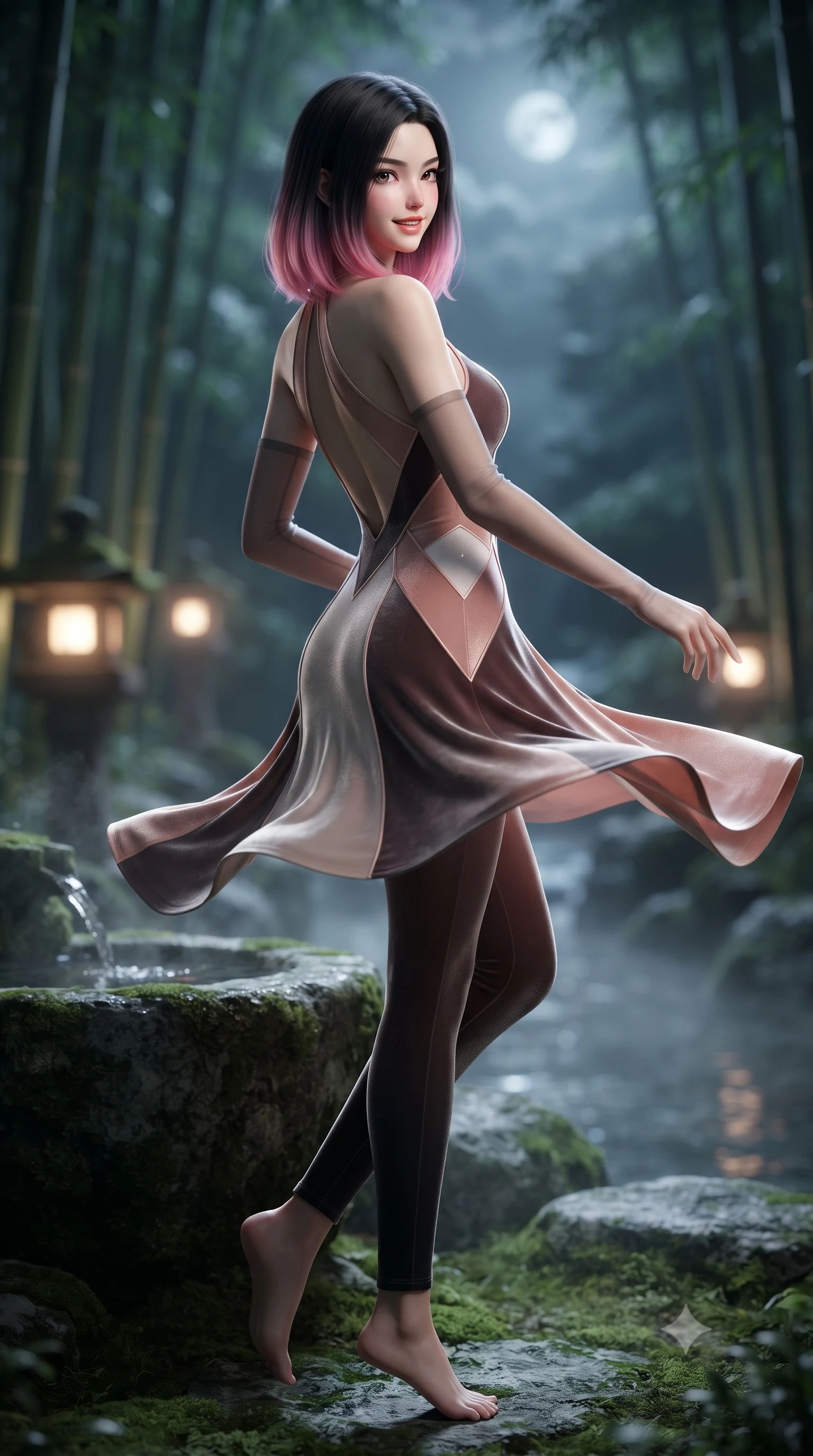 score_9, masterpiece, best quality, ultra-detailed, high-budget anime keyframe, editorial fashion photography, tasteful artistic composition, Korean woman. low angle full-body shot from head to toe showing her feet, filling the entire 9:16 vertical frame with her statuesque presence, stretching her vertical silhouette. executing a slow, graceful pivot turn as her skirt sways around her slender legs, glancing back with an enchanting, teasing sensual expression while twisting her slender torso in an alluring contrapposto stance beside the mossy stone basin, evening breeze fluttering her sheer robe around her narrow waist and curvy hips. The background shows a soft-focus whispering Arashiyama bamboo stalks swayed by night breeze, glowing stone toro lanterns, and misty moonlit river gorge blurred into jade, silver, and charcoal bokeh. She has an exceptionally tall and slender model-like 8.5-heads proportion, an ultra-slim waist, a flat toned midriff, narrow delicate ribcage, and beautifully sculpted feminine hips creating a graceful, slim hourglass silhouette without any bulky heaviness, with impossibly long slender legs. sharp v-shaped jawline, high-bridge nose, intricate jewel-like sparkling eyes with depth, thick eyelashes, glossy parted lips with a natural peach sheen, bright cheerful beaming smile with an enchanting and coquettish sensual glint, exuding both youthful cute charm and seductive allure, flawlessly proportioned anatomical accuracy, strict slender model proportions, natural body alignment, perfectly sculpted long slender limbs, ultra-slim waistline, clean dynamic posture without body distortion. wearing a provocative backless sheer illusion halter catsuit with strategic velvet geometric panels hugging her hourglass waist in Bel Air sunset rose gold and dewy alabaster, tailored from ultra-plush silk velvet with rich tactile depth and deep shadow gradients, complemented by sheer opera-length evening gloves tracing her slender arms, the glove-like clinging cut tightly following the natural contour of her hips and long slender legs with youthful 8.5-heads elegance. illuminated by hot spring water caustics bounce and sharp pearlescent rim lights sculpting her jawline, flat midriff, and curvaceous hips. ultra-reflective glossy finish, specular highlights, rich textural contrasts, high-contrast stereoscopic depth, volumetric dynamic lighting, 2k, ultra detail, master piece, 9:16 ratio
