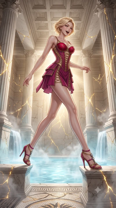 score_9, masterpiece, best quality, ultra-detailed, high-budget anime keyframe, editorial fashion photography, tasteful artistic composition, Caucasian woman, strictly human ears. low angle full-body shot from head to toe showing her feet, filling th