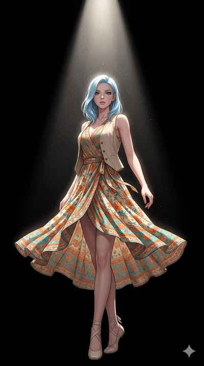 score_9, masterpiece, best quality, ultra-detailed, high-budget anime keyframe, editorial fashion photography, tasteful artistic composition, Korean woman. low angle full-body shot from head to toe showing her feet, filling the entire 9:16 vertical f
