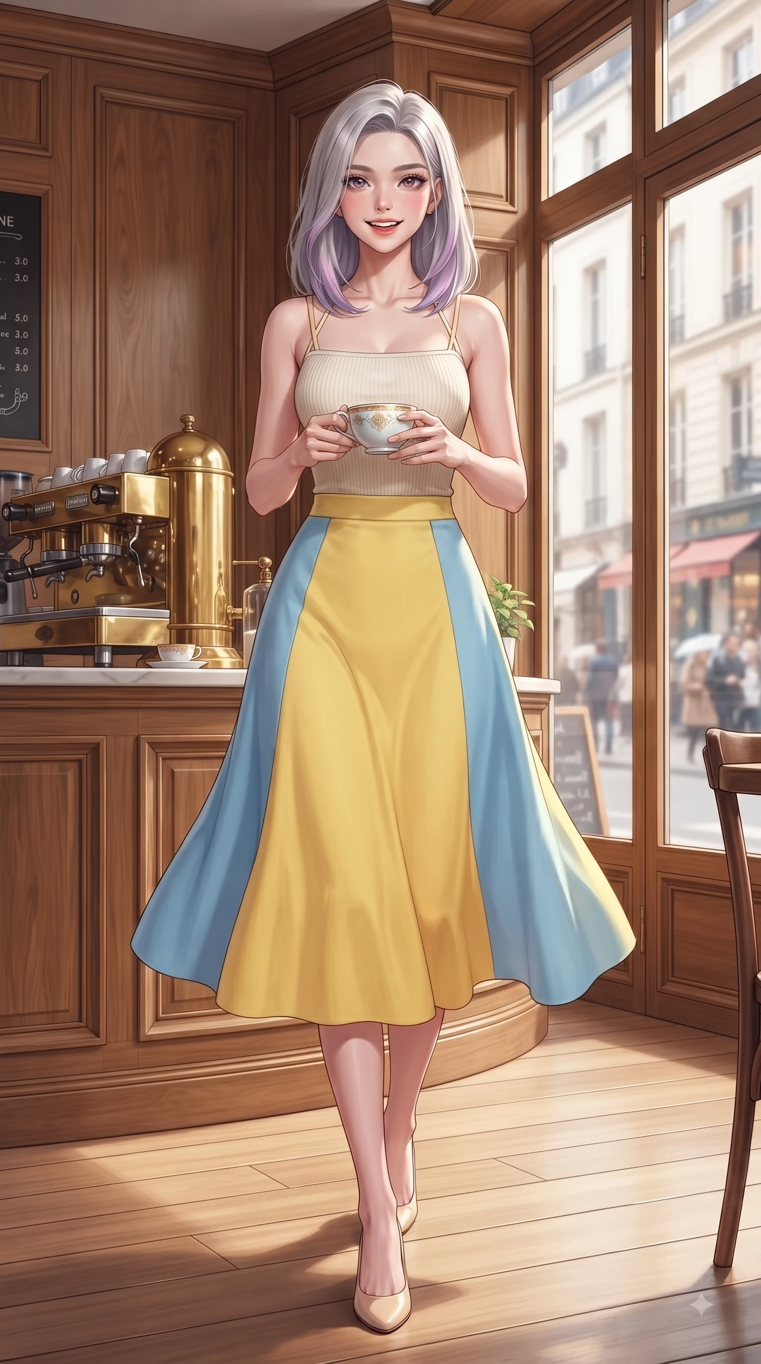 score_9, masterpiece, best quality, ultra-detailed, high-budget anime keyframe, editorial fashion photography, tasteful artistic composition, Caucasian woman. low angle full-body shot from head to toe showing her feet, filling the entire 9:16 vertical frame with her statuesque presence, stretching her vertical silhouette. stepping forward gracefully in mid-motion with a delighted cute expression, displaying her statuesque model proportions while sitting by a sunlit wooden window inside a cozy cafe, holding a porcelain coffee cup. The surrounding environment is rendered in vivid detail and crisp panoramic clarity. rich oak wood wall paneling, brass coffee machines, and glass window views in sharp resolution. She has an absolutely perfect, statuesque 8.5-heads proportion, an exceptionally tall and slender model-like female figure with impossibly long slender legs and an ultra-slim waist. sharp v-shaped jawline, high-bridge nose, intricate jewel-like eyes with depth, thick eyelashes, glossy lips with a natural sheen, flawlessly proportioned anatomical accuracy, natural body alignment, perfectly sculpted elegant limbs, clean dynamic posture without body distortion. wearing a chic square-neck ribbed top paired with a flowing A-line midi skirt in sunny canary yellow and clear sky blue, made of premium stretch jersey that follows her curves like a glove, finished with delicate criss-cross back straps highlighting her bare shoulders, the sleek second-skin texture accentuating her magnetic presence. surrounded by a cozy, intimate, and relaxing cafe atmosphere. ultra-reflective glossy finish, specular highlights, metallic sheen, high-contrast stereoscopic depth, volumetric dynamic lighting, 2k, ultra detail, master piece, 9:16 ratio
