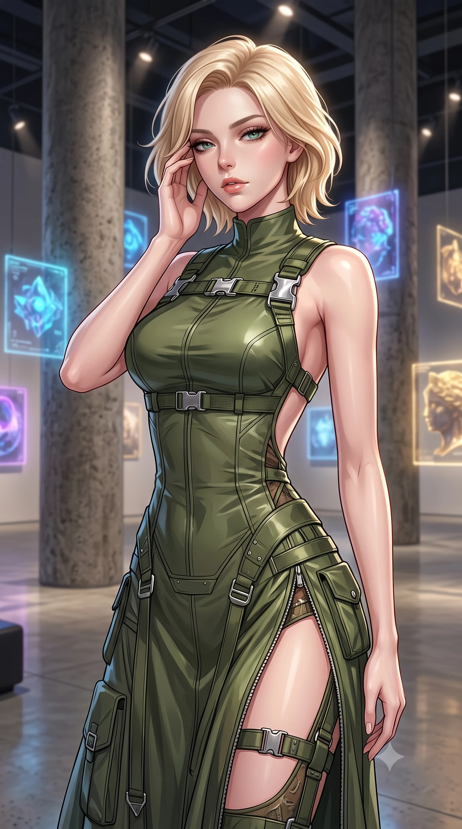 score_9, masterpiece, best quality, ultra-detailed, high-budget anime keyframe, editorial fashion photography, tasteful artistic composition, Caucasian woman. close-up cowboy shot from the waist and thighs up, the character dominates the composition, filling the frame with her large presence, background elements kept in soft focus. gently touching the side of her temple, casting a heavy-lidded, sultry look past the camera, the background shows a soft-focus an art gallery lounge with concrete pillars and floating holographic art. She has an exceptionally elegant, slender, and willowy female figure with an ultra-slim waist, a gracefully sculpted slender torso, and a refined silhouette. sharp v-shaped jawline, high-bridge nose, intricate jewel-like eyes with depth, thick eyelashes, glossy lips with a natural sheen. wearing a form-contouring dramatic open-back maxi combat dress in olive green, featuring a high thigh slit and chrome straps. focused spotlights casting sharp, detailed highlights on her clothing. highly saturated vibrant anime colors, detailed shading with soft gradients, rich glossy textures, high-contrast stereoscopic depth, volumetric dynamic lighting, master piece, 9:16 ratio