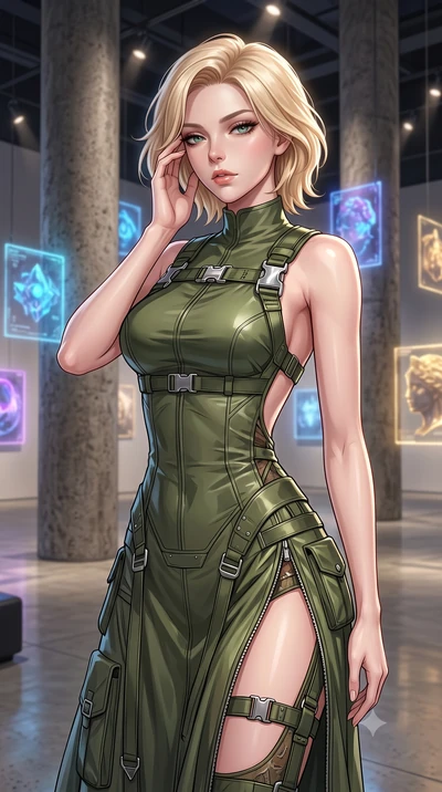 score_9, masterpiece, best quality, ultra-detailed, high-budget anime keyframe, editorial fashion photography, tasteful artistic composition, Caucasian woman. close-up cowboy shot from the waist and thighs up, the character dominates the composition,