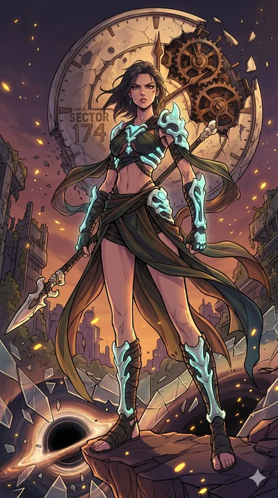 score_9, masterpiece, best quality, ultra-detailed, Set A: High-budget Anime Keyframe, Caucasian (human ears) woman. Low angle cowboy shot filling the entire 9:16 frame with her statuesque presence. Theme: Urban Decay. shattering the fabric of realit