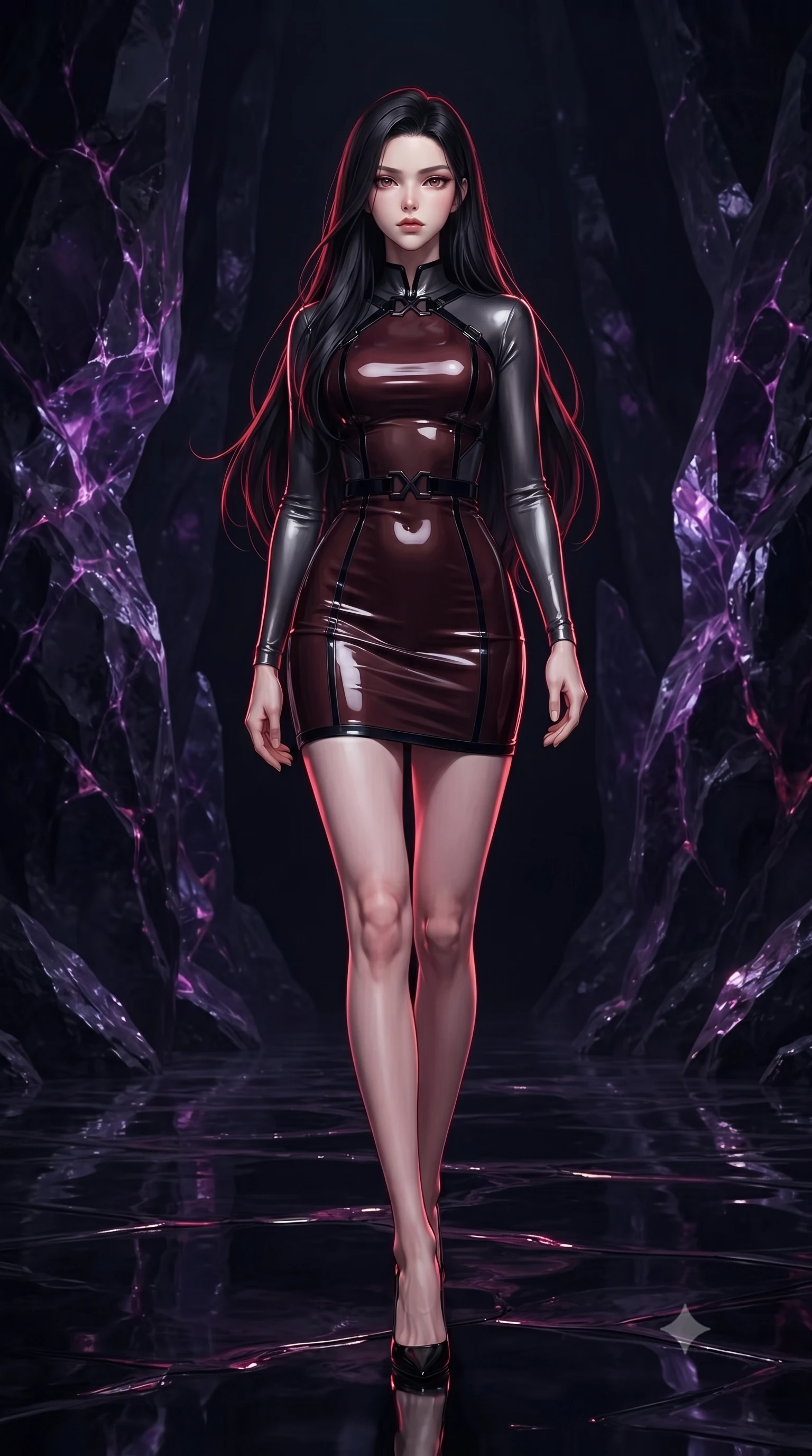score_9, masterpiece, best quality, ultra-detailed, high-budget anime keyframe, editorial fashion photography, tasteful artistic composition, Korean woman. low angle full-body shot from head to toe showing her feet, filling the entire 9:16 vertical frame with her statuesque presence, stretching her vertical silhouette. stepping gracefully through the dark environment, stretching her statuesque silhouette, navigating an obsidian needle monolith chamber illuminated by dark violet crystal veins, dramatic obsidian reflections dancing across the dark glossy floor. She has an absolutely perfect, statuesque 8.5-heads proportion, an exceptionally tall and slender model-like female figure with impossibly long slender legs and an ultra-slim waist. sharp v-shaped jawline, high-bridge nose, intricate jewel-like eyes with depth, thick eyelashes, glossy lips with a natural sheen. wearing precision-fitted bodycon dress in high-gloss liquid vinyl in dark mahogany, made of liquid dark mercury jersey, adorned with minimalist black onyx hardware framing the silhouette, sculpting her athletic slender build with refined precision. surrounded by moody midnight shadows with sharp crimson rim light tracing her silhouette. highly saturated vibrant anime colors, detailed shading with soft gradients, rich glossy textures, high-contrast stereoscopic depth, volumetric dynamic lighting, master piece, 9:16 ratio
