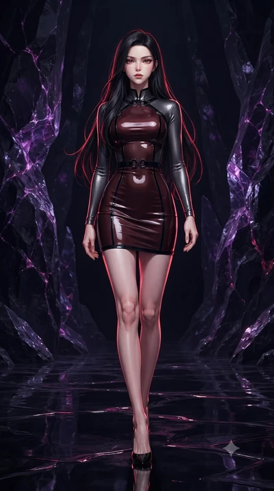 score_9, masterpiece, best quality, ultra-detailed, high-budget anime keyframe, editorial fashion photography, tasteful artistic composition, Korean woman. low angle full-body shot from head to toe showing her feet, filling the entire 9:16 vertical f