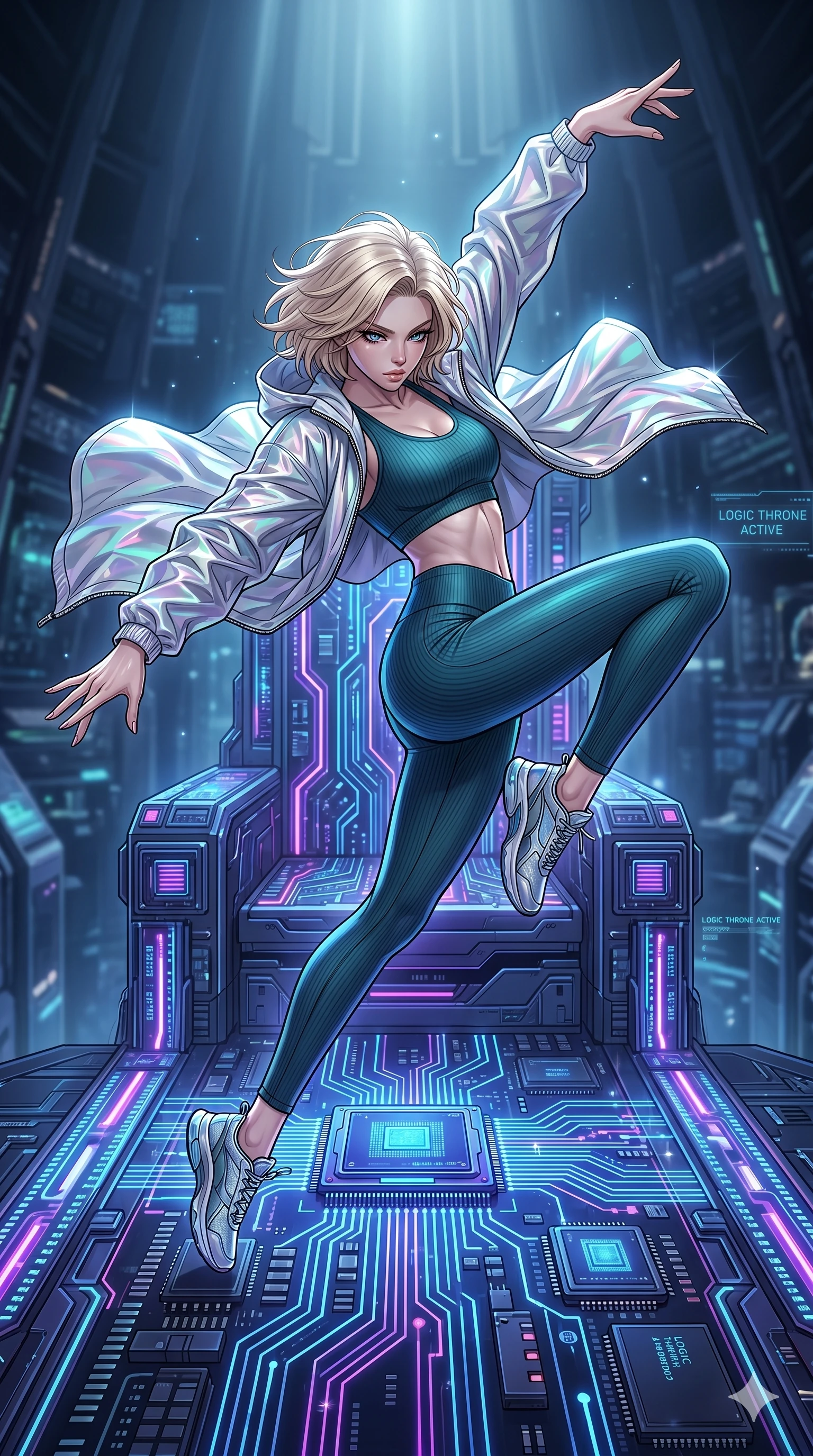 score_9, masterpiece, best quality, ultra-detailed, high-budget anime movie keyframe, cinematic anime lighting, intricate line art, Caucasian (strictly human ears) woman. Mid-air action shot capturing a graceful twist and vertical silhouette. leaping over a giant logic-board throne as it pulses with power. She has an absolutely perfect 8-heads proportion, an exceptionally tall and slender female figure with graceful and slender proportions. strictly human anatomy, two legs only, no extra limbs, clearly defined legs and arms, perfect anatomy, perfect hands and fingers. sharp v-shaped jawline, high-bridge nose, intricate jewel-like eyes, thick eyelashes, glossy lips. Wearing Premium Athleisure: Ribbed sports bra and leggings set, light windbreaker, and sleek high-performance activewear. The scene is illuminated by dramatic atmospheric lighting and vibrant color palettes. , 2k, ultra detail, master piece, 9:16 ratio