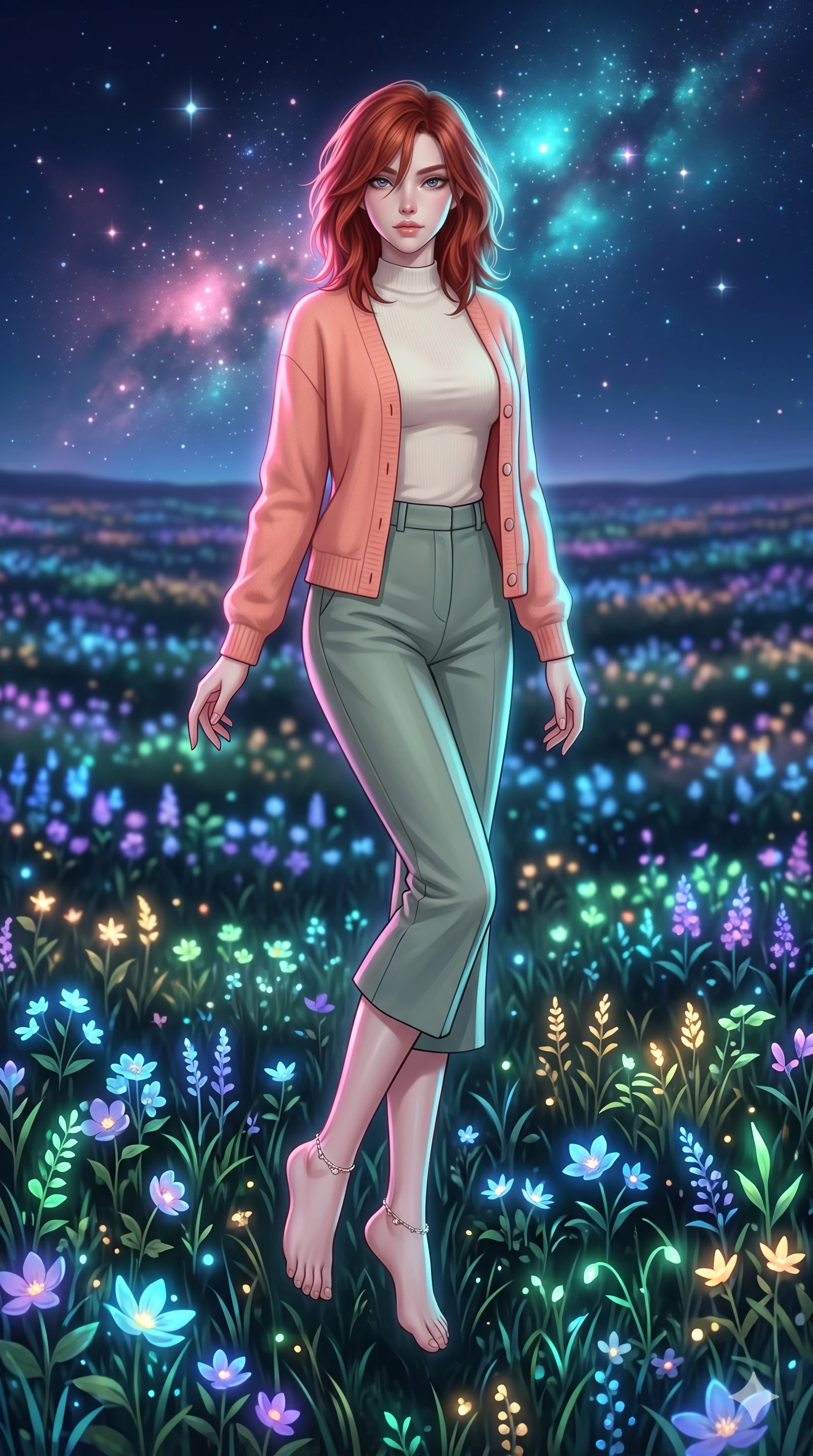 score_9, masterpiece, best quality, ultra-detailed, high-budget anime keyframe, editorial fashion photography, tasteful artistic composition, Korean woman. low angle full-body shot from head to toe showing her feet, filling the entire 9:16 vertical frame with her statuesque presence, stretching her vertical silhouette. floating with ethereal lightness within a midnight meadow stretching to the horizon where every flower emits its own soft bioluminescent glow in different colors creating a landscape of living light in blue violet green and gold. She has a statuesque 8.5-heads proportion, an exceptionally tall, slender and willowy model-like build with impossibly long legs and a highly sculpted ultra-slim waist. sharp v-shaped jawline, high-bridge nose, intricate jewel-like eyes with depth, thick eyelashes, glossy lips with a natural sheen. wearing a cozy pastel coral cashmere cardigan layered over a fitted ivory mock-neck top and sage green tailored culottes. starlight and nebula glow casting soft cosmic pink and cyan highlights on her form. 2k, ultra detail, master piece, 9:16 ratio