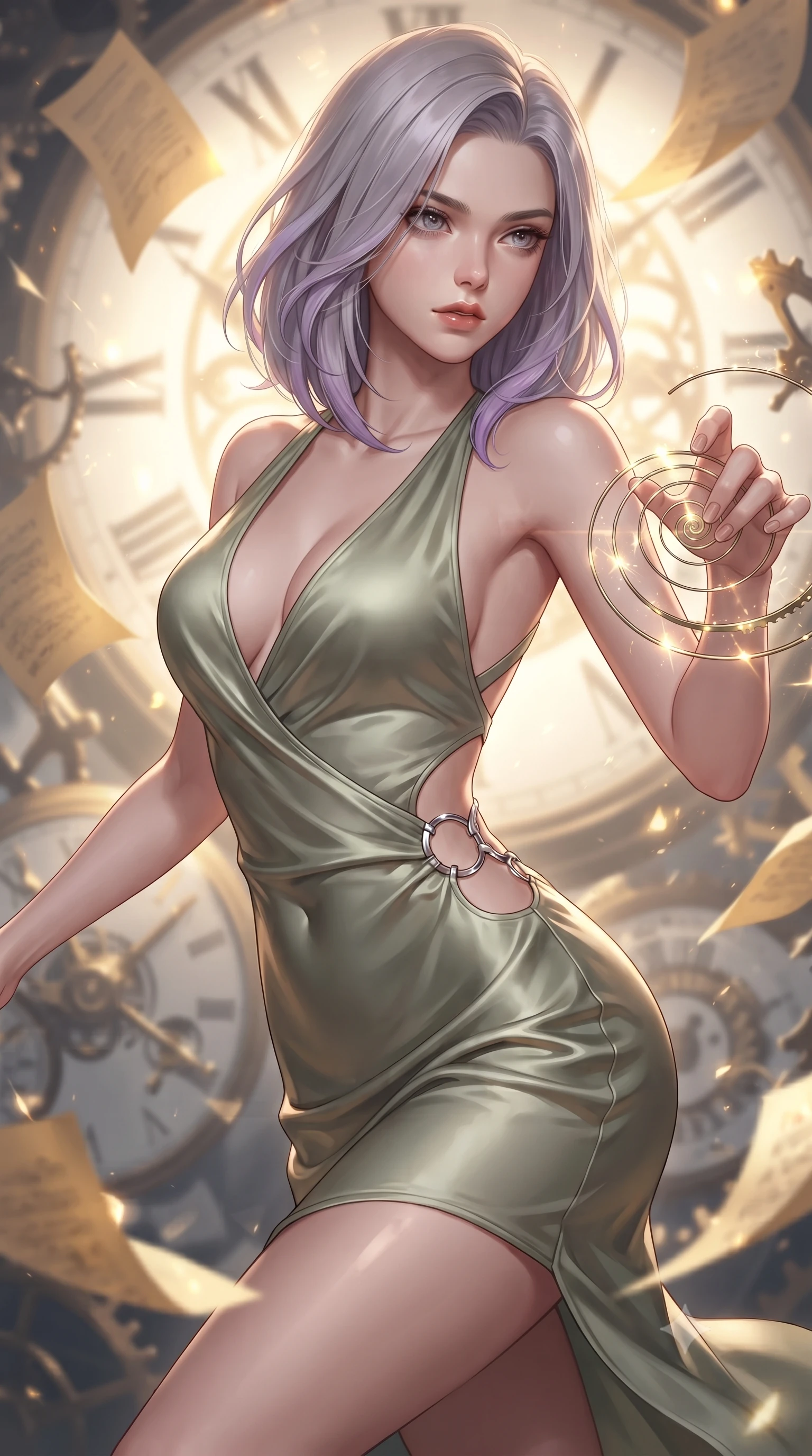 score_9, masterpiece, best quality, ultra-detailed, high-budget anime keyframe, editorial fashion photography, tasteful artistic composition, Caucasian woman. close-up cowboy shot from the waist and thighs up, the character dominates the composition, filling the frame with her large presence, background elements kept in soft focus. Gazing past the lens with composed intensity as her torso curves dynamically in mid-motion while reaching forward to adjust a glowing clockwork spring wire in a storm of gear parts, golden paper manuscript pages fluttering around her in a dynamic tempest breeze. She has an exceptionally elegant, slender, and willowy female figure with an ultra-slim waist, a gracefully sculpted slender torso, and a refined silhouette. sharp v-shaped jawline, high-bridge nose, intricate jewel-like eyes with depth, thick eyelashes, glossy lips with a natural sheen, flawlessly proportioned anatomical accuracy, natural body alignment, perfectly sculpted elegant limbs, clean dynamic posture without body distortion. wearing a deep-scoop halter bodycon dress with hip cutouts connected by silver rings in sage green and oatmeal, crafted from lustrous satin jersey with fluid draping, complemented by criss-cross back straps highlighting her bare shoulders, the elegant draped fit framing her graceful clavicle and slender torso. illuminated by a brilliant golden hour glow filtering through clockwork dials. ultra-reflective glossy finish, specular highlights, metallic sheen, high-contrast stereoscopic depth, volumetric dynamic lighting, 2k, ultra detail, master piece, 9:16 ratio