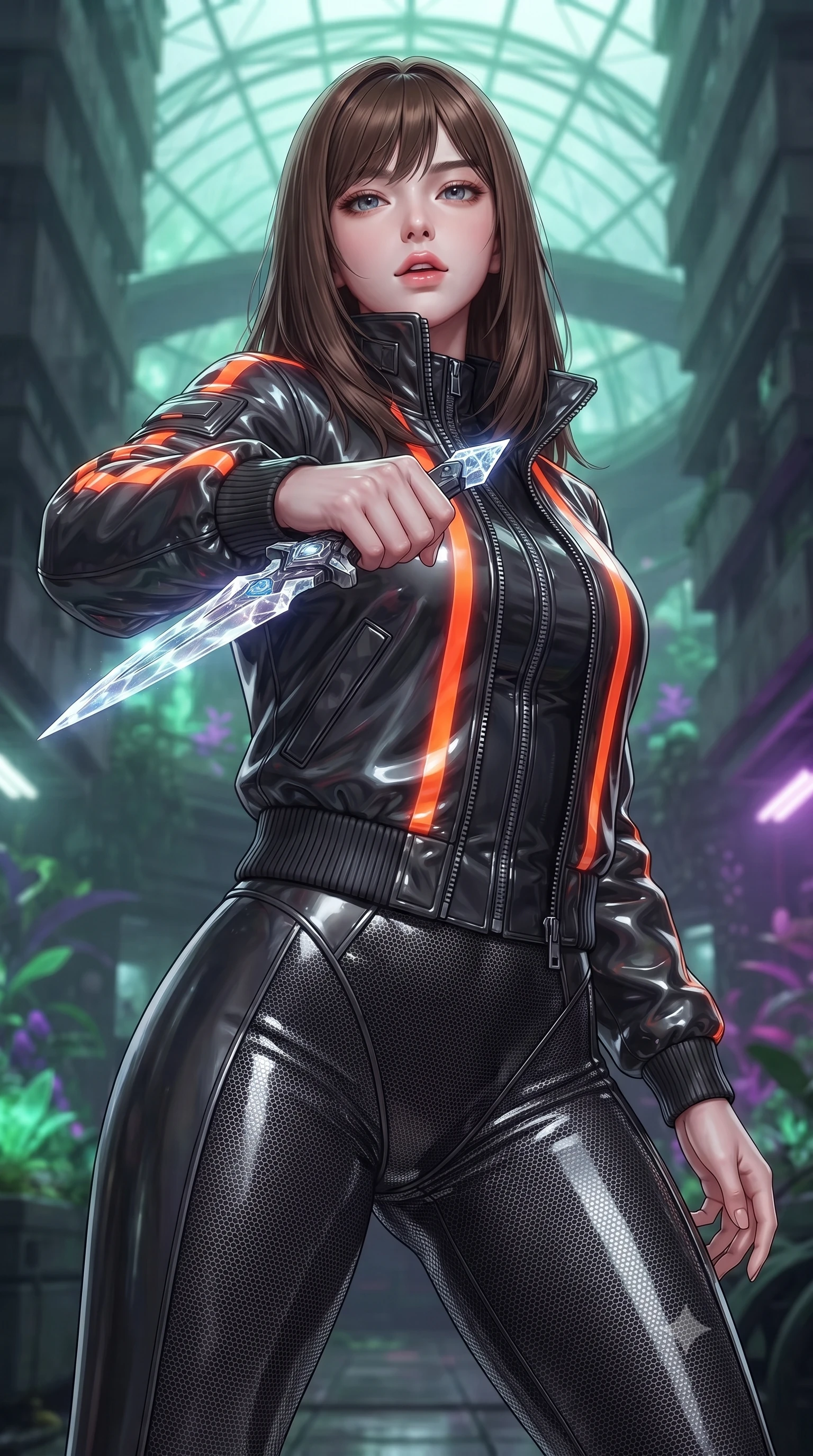 score_9, masterpiece, best quality, ultra-detailed, high-budget anime keyframe, editorial fashion photography, tasteful artistic composition, Korean woman. close-up cowboy shot from the waist and thighs up, the character dominates the composition, filling the frame with her large presence, background elements kept in soft focus. pointing a crystal-edged laser dagger forward in a defensive stance, tilting her chin up slightly with lips parted in a composed pose, the background shows a soft-focus a cybernetic greenhouse dome hidden between concrete tenements. She has an exceptionally elegant, slender, and willowy female figure with an ultra-slim waist, a gracefully sculpted slender torso, and a refined silhouette. sharp v-shaped jawline, high-bridge nose, intricate jewel-like eyes with depth, thick eyelashes, glossy lips with a natural sheen. wearing a slim-fit heavy polar-combat jacket with neon orange warning stripes, worn over thick carbon-mesh thermal trousers. soft green and purple bioluminescent plant glow casting an organic, eerie wash. ultra-reflective glossy finish, specular highlights, metallic sheen, high-contrast stereoscopic depth, volumetric dynamic lighting, 2k, ultra detail, master piece, 9:16 ratio