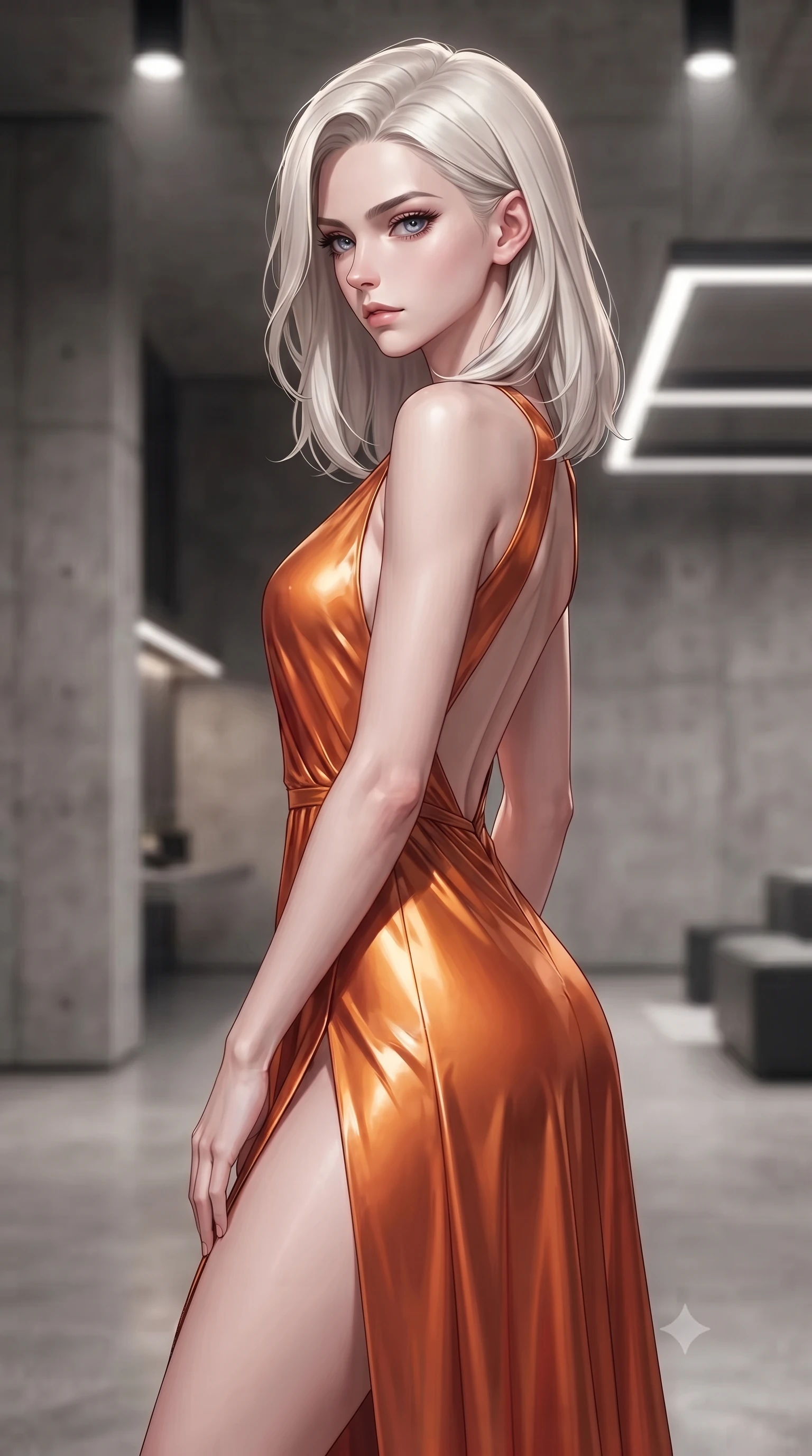 score_9, masterpiece, best quality, ultra-detailed, high-budget anime keyframe, editorial fashion photography, tasteful artistic composition, Caucasian woman. close-up cowboy shot from the waist and thighs up, the character dominates the composition, filling the frame with her large presence, background elements kept in soft focus. turning her face in sharp profile, casting a cold, mysterious, yet intensely alluring side gaze, the background shows a soft-focus an underground vault lounge with concrete walls and modern geometric light installations. She has an exceptionally elegant, slender, and willowy female figure with an ultra-slim waist, a gracefully sculpted slender torso, and a refined silhouette. sharp v-shaped jawline, high-bridge nose, intricate jewel-like eyes with depth, thick eyelashes, glossy lips with a natural sheen. wearing a tailored high-slit resort gown in sunset orange chiffon, featuring a daring thigh-slit and open back. focused white spotlights casting clean, structured shadows across her pose. ultra-reflective glossy finish, specular highlights, metallic sheen, high-contrast stereoscopic depth, volumetric dynamic lighting, 2k, ultra detail, master piece, 9:16 ratio