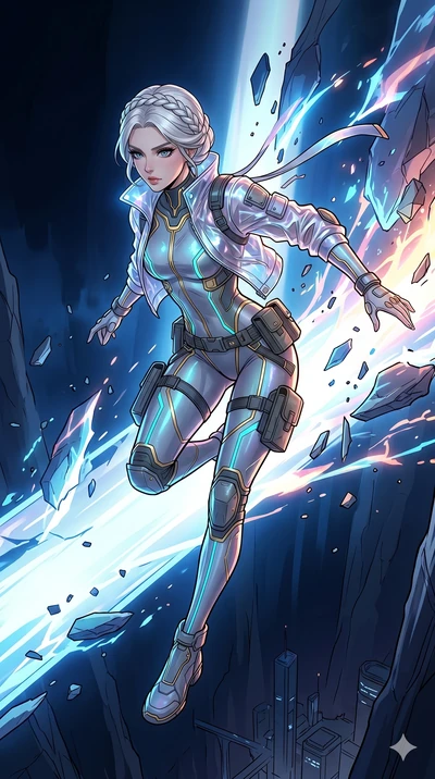 score_9, masterpiece, best quality, ultra-detailed, high-budget anime movie keyframe, cinematic anime lighting, intricate line art, Korean woman. Mid-air action shot capturing a graceful twist and vertical silhouette. dashing across a bridge of light