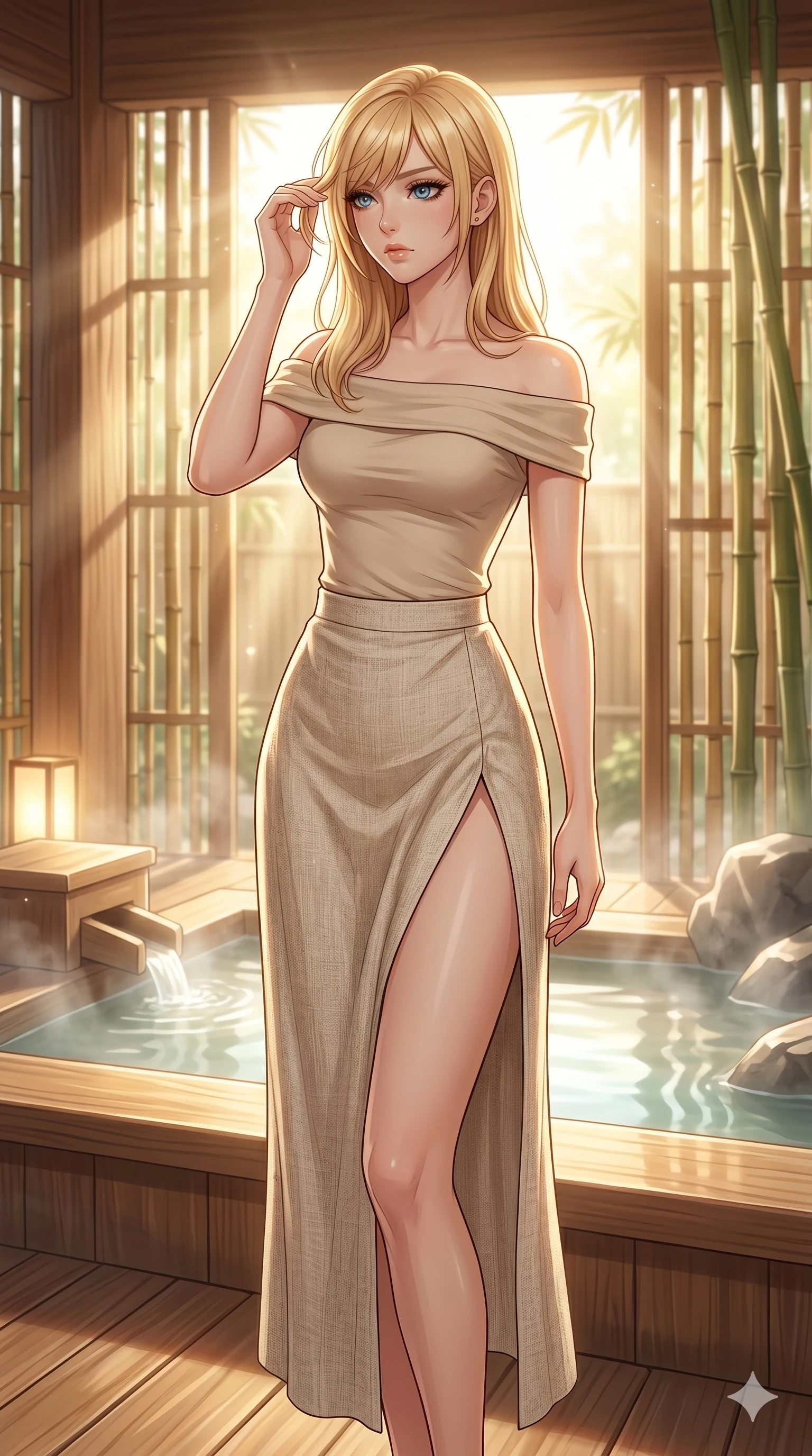 score_9, masterpiece, best quality, ultra-detailed, high-budget anime keyframe, editorial fashion photography, tasteful artistic composition, Caucasian woman, strictly human ears. cowboy shot from the thighs up, character and outfit filling the frame for maximum editorial presence. wiping a lock of hair from her forehead, her expression cool and contemplative as she turns her head in a private hot spring pavilion with warm sunlight filtering through bamboo partitions (Code-P139). She has an absolutely perfect 8-heads proportion, an exceptionally tall and slender female figure with impossibly long slender legs and an ultra-slim waist. V-shaped jawline, high-bridge nose, intricate jewel-like eyes with depth, thick eyelashes, glossy lips with a natural sheen. wearing a beige off-shoulder top showing her elegant clavicle lines, and a split linen skirt. bathed in soft morning sunbeams flowing into the room, creating a bright, glowing atmosphere. 2k, ultra detail, master piece, 9:16 ratio