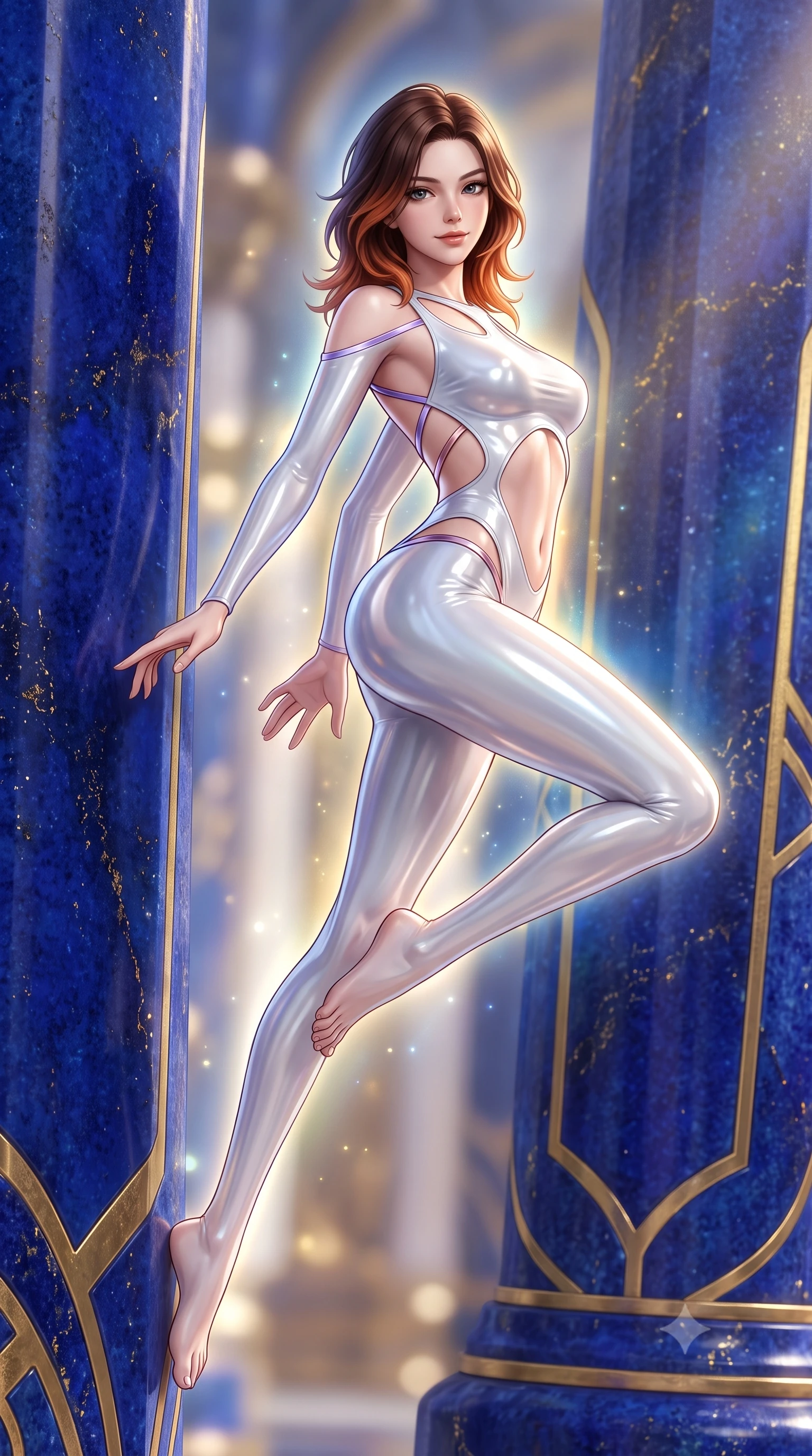 score_9, masterpiece, best quality, ultra-detailed, high-budget anime keyframe, semi-realistic 3D game render, editorial fashion photography, tasteful artistic composition, Korean woman. low angle full-body shot from head to toe showing her feet, filling the entire 9:16 vertical frame with her statuesque presence, stretching her vertical silhouette. leaping through mid-air with an athletic yet alluring arch of her spine, her impossibly long slender legs stretched in flawless poise while leaning against a monolithic deep blue gemstone pillar with a sovereign, captivating smile looking directly into the lens. The composition keeps background elements in soft focus with creamy bokeh. lapis lazuli columns and gold inlays softened in luminous shallow depth of field. She has an absolutely perfect, statuesque 8.5-heads proportion, an exceptionally tall and slender model-like female figure with impossibly long slender legs, a toned flat midriff, and an ultra-slim waist. sharp v-shaped jawline, high-bridge nose, intricate jewel-like eyes with depth, thick eyelashes, glossy lips with a natural sheen, flawlessly proportioned anatomical accuracy, strict slender model proportions, natural body alignment, perfectly sculpted long slender limbs, ultra-slim waistline, clean dynamic posture without body distortion. wearing a second-skin white liquid-mercury micro-bodysuit sculpted tightly to her slender build, featuring razor-thin metallic straps and hip cutouts in luminous lavender violet and rose gold, formed from high-gloss patent material with specular light reflections, complemented by criss-cross back straps highlighting her completely bare spine, the precision-cut daring openings accentuating her delicate midriff, graceful bare collarbones, and ultra-slim feminine waistline. surrounded by a majestic, supreme, and radiantly sensual celestial sovereignty aura. highly saturated vibrant anime colors, detailed shading with soft gradients, rich glossy textures, high-contrast stereoscopic depth, volumetric dynamic lighting, master piece, 9:16 ratio