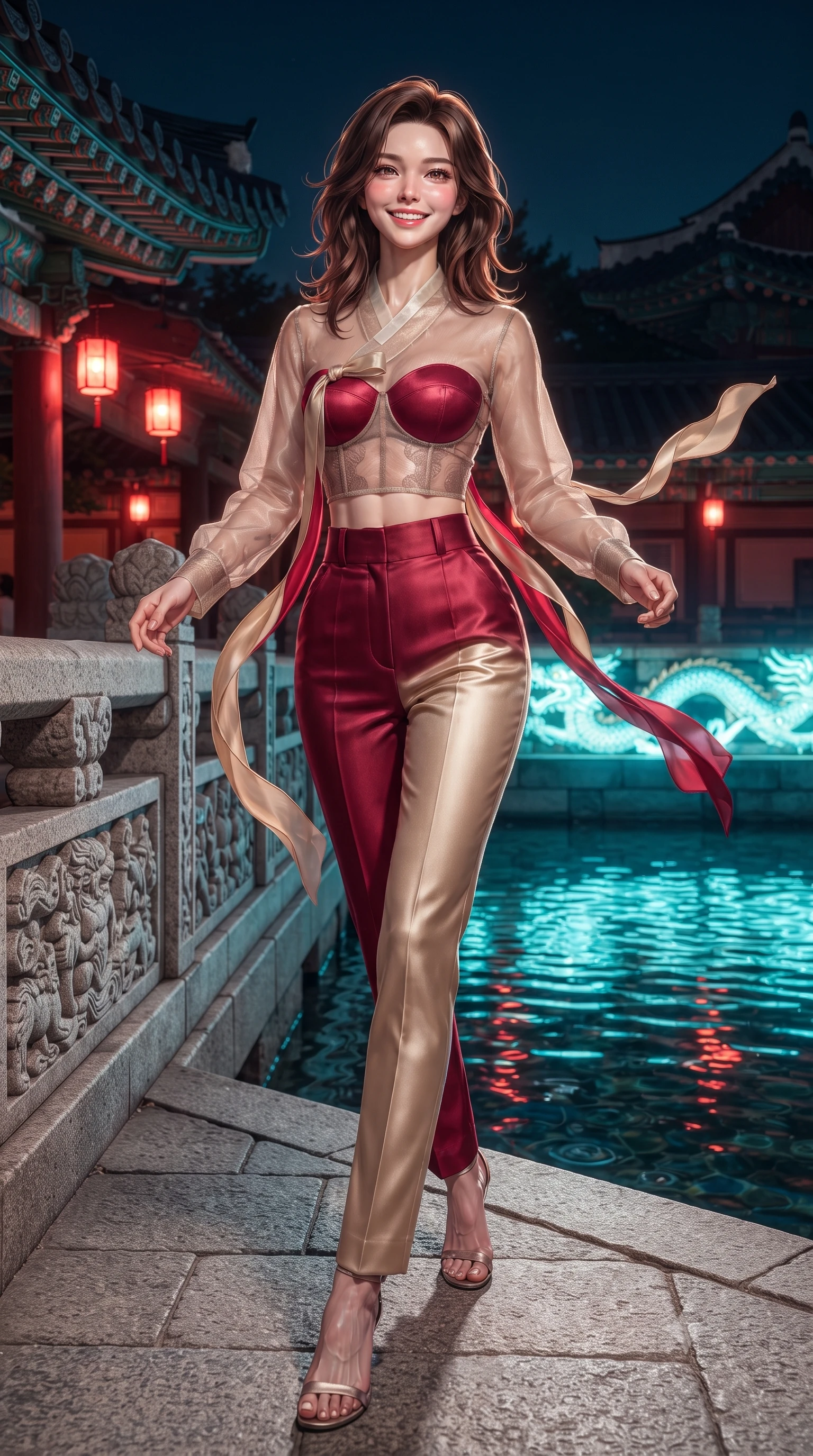 score_9, masterpiece, best quality, ultra-detailed, high-budget anime keyframe, editorial fashion photography, tasteful artistic composition, Korean woman. low angle full-body shot from head to toe showing her feet, filling the entire 9:16 vertical frame with her statuesque presence, stretching her vertical silhouette. stepping forward gracefully across the stone bridge in mid-motion with a radiant beaming smile, hips swaying in an alluring kinetic rhythm that accentuates her curvy hourglass silhouette and long slender legs while standing centered on the historic Nine-Turn zigzag stone bridge, arching her back with high-fashion poise as glowing dragon wall eaves frame the water. The surrounding environment is rendered in vivid detail and crisp panoramic clarity: sharp carved stone balustrade relief, upturned roof ceramic tile edges, and water ripple clarity in deep focus. She has an absolutely perfect, statuesque 8.5-heads proportion, an exceptionally tall and slender model-like female figure with impossibly long slender legs, an ultra-slim waist, a flat toned midriff, narrow delicate ribcage, and beautifully sculpted feminine hips creating a graceful, slim hourglass silhouette without any bulky heaviness. sharp v-shaped jawline, high-bridge nose, intricate jewel-like dark sparkling almond eyes with depth, thick lashes, glossy parted lips with a natural rose-plum sheen, bright alluring and coquettish smile with bedroom-eyes, exuding both timeless oriental elegance and sovereign high-fashion allure, flawlessly proportioned anatomical accuracy, strict slender model proportions, natural body alignment, perfectly sculpted long slender limbs, ultra-slim waistline, clean dynamic posture without body distortion. wearing a sheer technical mesh and silk hanbok blouse worn over a sculpted sweetheart bustier with high-waisted tailored silk trousers in royal crimson red and lustrous champagne gold, made of supple second-skin stretch silk jersey clinging flawlessly to her form, accented with flowing gossamer silk ribbons that flutter dynamically in the evening breeze, the form-contouring cut accentuating her sculpted flat midriff, narrow delicate ribcage, and gracefully curvy hips with regal oriental supermodel elegance. bathed in vibrant red lantern warmth and cool electric cyan water reflections. ultra-reflective glossy finish, specular highlights, rich textural contrasts, high-contrast stereoscopic depth, volumetric dynamic lighting, 2k, ultra detail, master piece, 9:16 ratio
