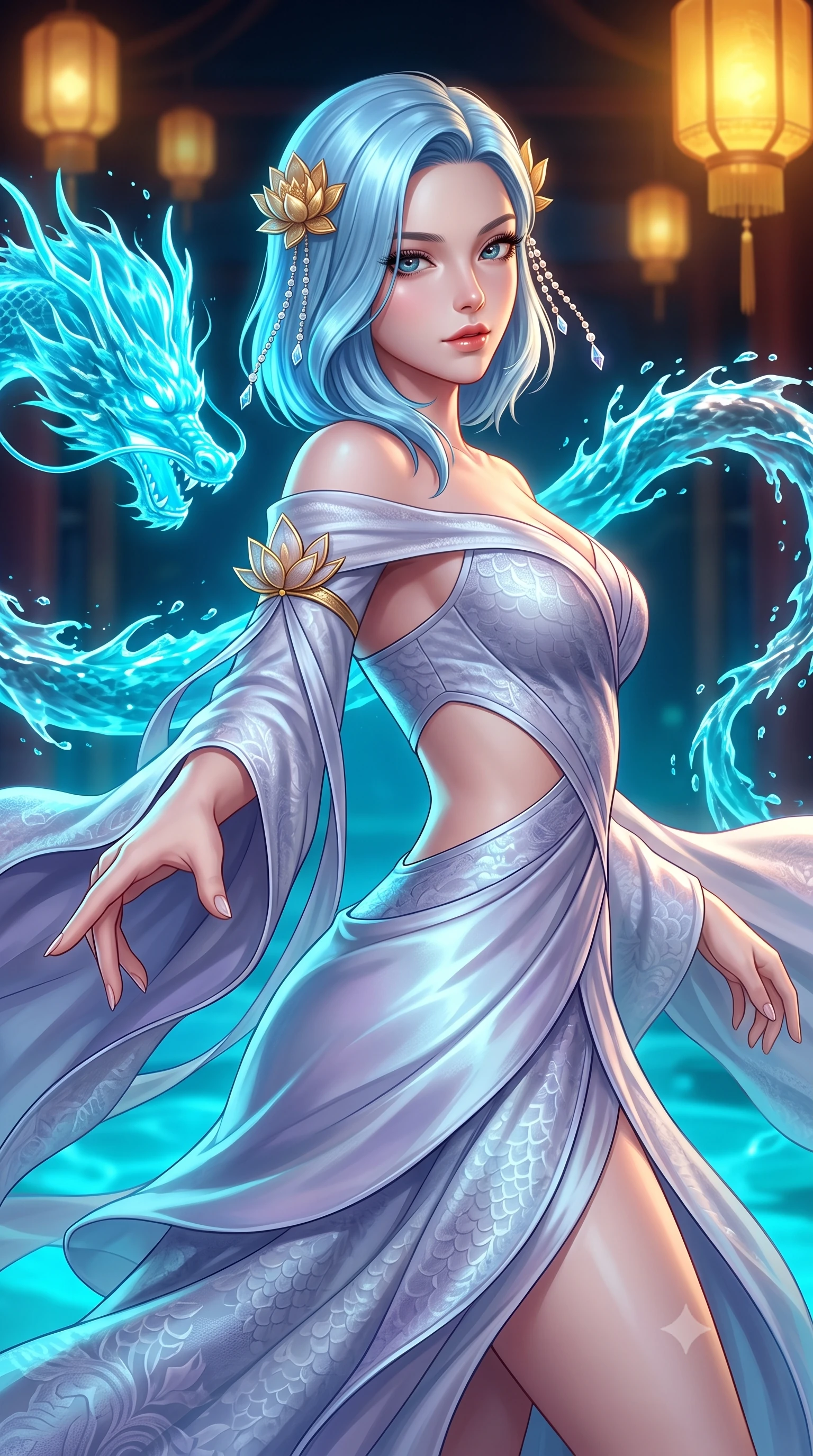score_9, masterpiece, best quality, ultra-detailed, high-budget anime keyframe, semi-realistic 3D game render, editorial fashion photography, tasteful artistic composition, Korean woman. close-up cowboy shot from the waist and thighs up, the character dominates the composition, filling the frame with her large presence. extending one slender arm gracefully toward the foreground while casting an affectionate, mesmerizing glance while pivoting gracefully as dragon-shaped water streams leap through the air, their cyan glow reflecting on her polished silk attire. The surrounding environment is rendered in vivid detail and crisp panoramic clarity. vibrant high-contrast oriental sci-fi chiaroscuro and imperial dragon sanctuary aesthetics in precision. She has an exceptionally elegant, slender, and willowy female figure with an ultra-slim waist, a gracefully sculpted slender torso, toned flat midriff, and a refined slim silhouette. sharp v-shaped jawline, high-bridge nose, intricate jewel-like eyes with depth, thick eyelashes, glossy lips with a natural sheen, captivating and magnetic expression, flawlessly proportioned anatomical accuracy, strict slender model proportions, natural body alignment, perfectly sculpted long slender limbs, ultra-slim waistline, clean dynamic posture without body distortion. wearing a celestial lotus-inspired layered chiffon gown with an exposed clavicle bodice in moonlit silver and lavender mist, made of rich textured jacquard silk with dragon scale weave, finished with delicate golden lotus hairpins and dangling crystal beads, the precision-cut daring openings accentuating her delicate midriff, graceful bare collarbones, and ultra-slim feminine waistline. bathed in luminous cyan dragon spring uplights and warm imperial gold lantern downlights. highly saturated vibrant anime colors, detailed shading with soft gradients, rich glossy textures, high-contrast stereoscopic depth, volumetric dynamic lighting, master piece, 9:16 ratio