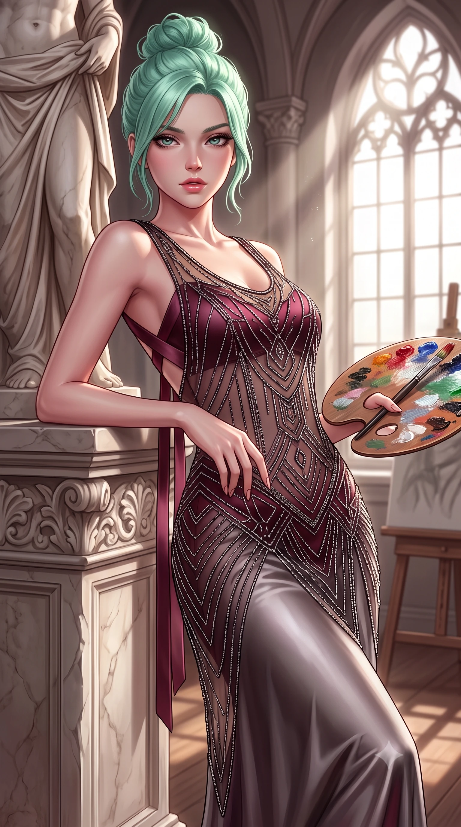 score_9, masterpiece, best quality, ultra-detailed, high-budget anime keyframe, semi-realistic 3D game render, editorial fashion photography, tasteful artistic composition, Japanese woman. close-up cowboy shot from the waist and thighs up, the character dominates the composition, filling the frame with her large presence. leaning back with relaxed seductive grace, her sculpted collarbones and narrow waist highlighted as she casts smoldering bedroom-eyes directly into the camera while leaning against a carved marble statue pedestal with hips cocked, holding a painter's palette while casting an alluring bedroom-gaze. The surrounding environment is rendered in vivid detail and crisp panoramic clarity. detailed silk dress drape folds, artist palette knife details, and window light gradients in high resolution. She has an exceptionally elegant, slender, and willowy female figure with an ultra-slim waist, flat toned midriff, narrow ribcage, and sculpted feminine hips creating an alluring, slim hourglass silhouette without bulk. sharp v-shaped jawline, high-bridge nose, intricate jewel-like eyes with depth, thick eyelashes, glossy parted lips with a natural sheen, intensely captivating and seductive bedroom-eyes expression, flawlessly proportioned anatomical accuracy, strict slender model proportions, natural body alignment, perfectly sculpted long slender limbs, ultra-slim waistline, clean dynamic posture without body distortion. wearing a sheer vintage mesh flapper dress adorned with intricate geometric beadwork over an opaque silk slip in deep wine burgundy and brushed dark platinum, tailored from ultra-smooth duchess satin with a pearlescent sheen, finished with criss-cross back satin straps highlighting her graceful shoulder blades, the glove-like aerodynamic silhouette tightly following the natural contour of her hips and long slender legs with statuesque 8.5-heads elegance. bathed in dramatic natural north skylight streaming through cathedral windows (Chiaroscuro North Light). highly saturated vibrant anime colors, detailed shading with soft gradients, rich glossy textures, high-contrast stereoscopic depth, volumetric dynamic lighting, master piece, 9:16 ratio