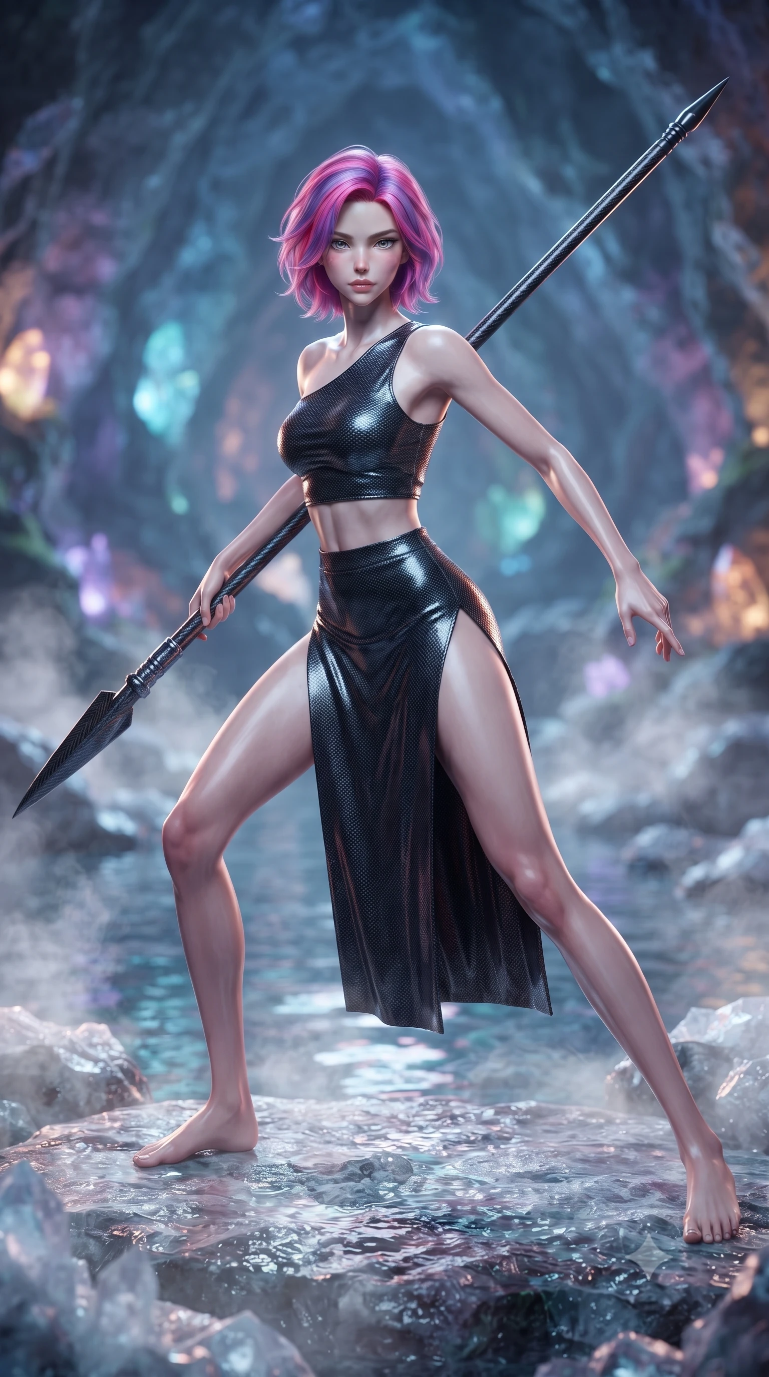 score_9, masterpiece, best quality, ultra-detailed, high-budget anime keyframe, editorial fashion photography, tasteful artistic composition, Caucasian woman. low angle full-body shot from head to toe showing her feet, filling the entire 9:16 vertical frame with her statuesque presence, stretching her vertical silhouette. standing in a dynamic combat stance with a carbon-fiber spear held diagonally, stretching her statuesque body, the background shows a soft-focus a mineral water pool inside a geode cave, with steam rising around rocks. She has an absolutely perfect, statuesque 8.5-heads proportion, an exceptionally tall and slender model-like female figure with impossibly long slender legs and an ultra-slim waist. sharp v-shaped jawline, high-bridge nose, intricate jewel-like eyes with depth, thick eyelashes, glossy lips with a natural sheen. wearing a form-contouring asymmetric one-shoulder crop top in carbon knit, paired with a high-slit combat skirt. soft flickering light from glowing lichen reflecting off the water surface. ultra-reflective glossy finish, specular highlights, metallic sheen, high-contrast stereoscopic depth, volumetric dynamic lighting, 2k, ultra detail, master piece, 9:16 ratio