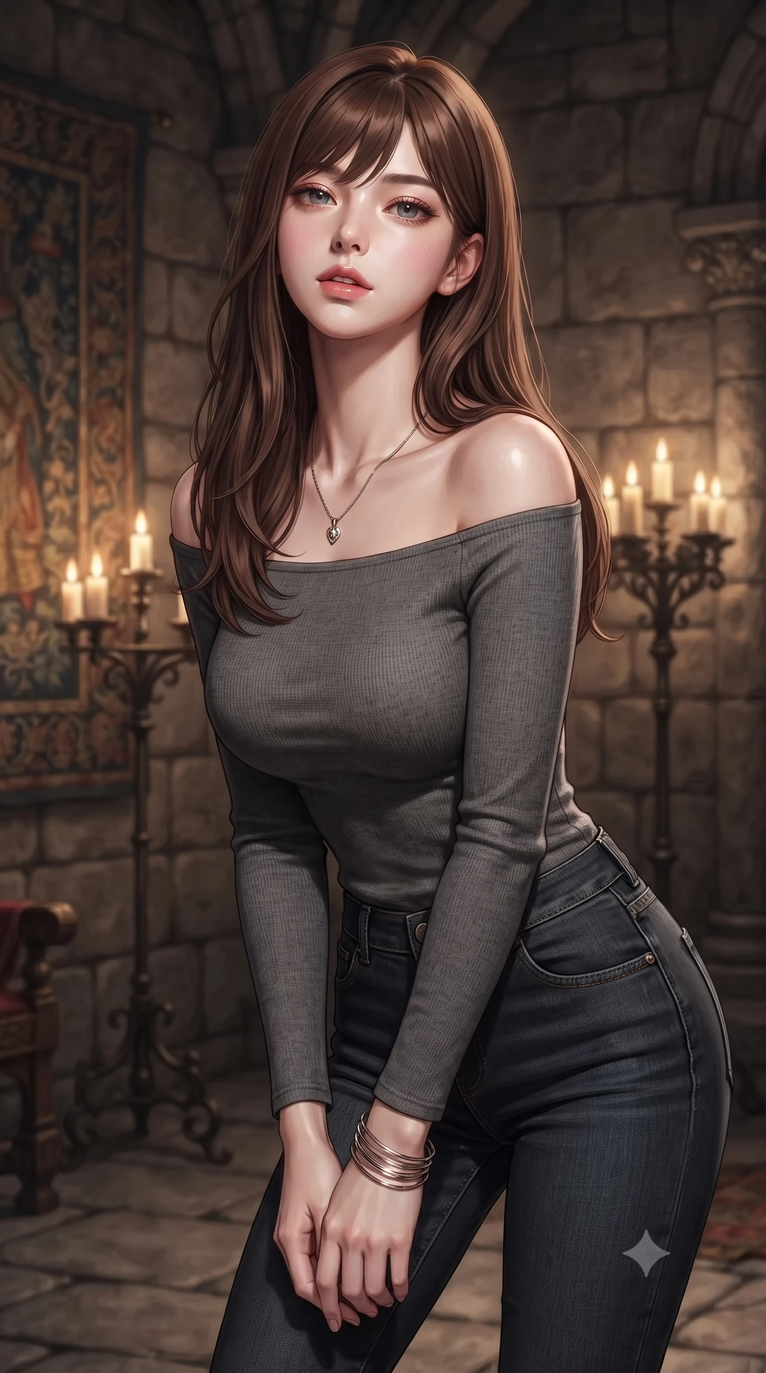 score_9, masterpiece, best quality, ultra-detailed, high-budget anime keyframe, editorial fashion photography, tasteful artistic composition, Korean woman woman. close-up cowboy shot from the waist and thighs up, the character dominates the composition, filling the frame with her large presence, background elements kept in soft focus. tilting her chin up slightly with lips parted in a composed, provocative expression the background shows a soft-focus an old stone castle chamber with tapestries and candle stands. She has an exceptionally elegant, slender, and willowy female figure with an ultra-slim waist, a gracefully sculpted slender torso, and a refined silhouette. sharp v-shaped jawline, high-bridge nose, intricate jewel-like eyes with depth, thick eyelashes, glossy lips with a natural sheen. wearing a form-contouring tight-fitting long-sleeve off-shoulder knit top in charcoal grey, paired with skinny denim jeans. warm flickering candle lights casting dramatic shadows on the stone walls. ultra-reflective glossy finish, specular highlights, metallic sheen, high-contrast stereoscopic depth, volumetric dynamic lighting, 2k, ultra detail, master piece, 9:16 ratio
