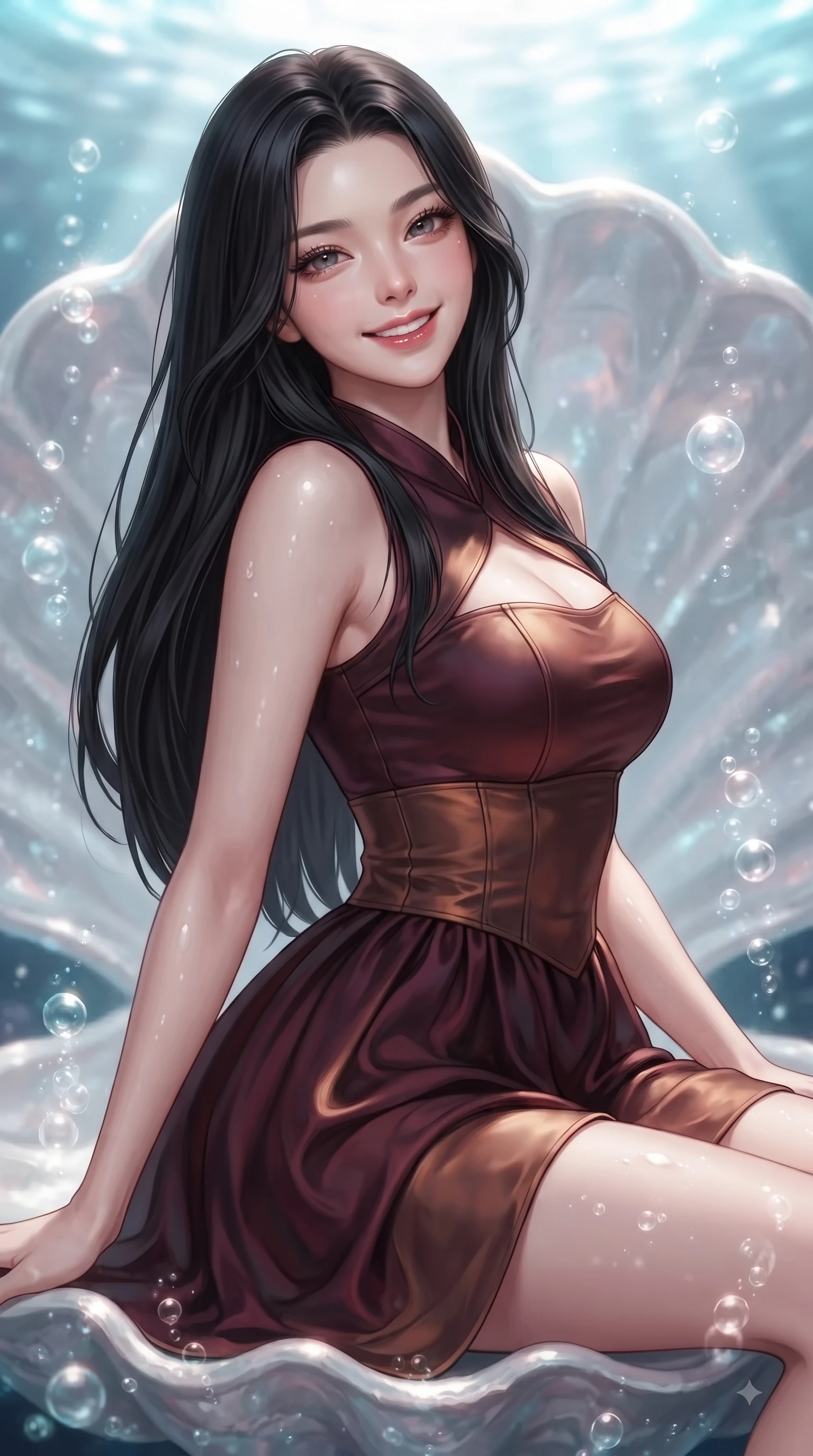 score_9, masterpiece, best quality, ultra-detailed, high-budget anime keyframe, editorial fashion photography, tasteful artistic composition, Korean woman. close-up cowboy shot from the waist and thighs up, the character dominates the composition, filling the frame with her large presence, background elements kept in soft focus. Warm delightful smile while casting a playful, joyful side-gaze with heavy lashes and a glowing expression while pivoting her torso in an S-curve alignment on a sunken white marble shell altar, rising bioluminescent bubbles casting soft pearl-white highlights on her skin. She has an exceptionally elegant, slender, and willowy female figure with an ultra-slim waist, a gracefully sculpted slender torso, and a refined silhouette. sharp v-shaped jawline, high-bridge nose, intricate jewel-like eyes with depth, thick eyelashes, glossy lips with a natural sheen, flawlessly proportioned anatomical accuracy, natural body alignment, perfectly sculpted elegant limbs, clean dynamic posture without body distortion. wearing a modern fusion silk hanbok dress with a structured bodice and flowing skirt in deep burgundy and bronze, crafted from smooth liquid silk, accented with a Tasteful chest slit framing her clavicle gracefully, the tailored fabric tightly following every curve of her athletic build. surrounded by a shimmering ocean aura with bright pearl-white specular rim lights. ultra-reflective glossy finish, specular highlights, metallic sheen, high-contrast stereoscopic depth, volumetric dynamic lighting, 2k, ultra detail, master piece, 9:16 ratio