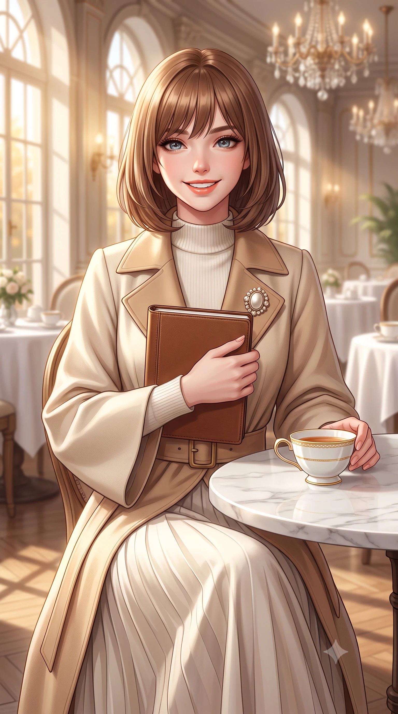 score_9, masterpiece, best quality, ultra-detailed, high-budget anime keyframe, semi-realistic 3D game render, editorial fashion photography, tasteful artistic composition, Caucasian woman. close-up cowboy shot from the waist and thighs up, the character dominates the composition, filling the frame with her large presence. holding a leather notebook close to her chest with both arms, smiling delightfully with youthful scholarly grace while sitting poised at a white marble conservatory tea table with hands resting gently on a porcelain cup, exuding high-society grace. The background shows a soft-focus antique crystal chandelier and white linen tea tables softened in royal afternoon tea shallow focus. She has an exceptionally elegant, slender, and willowy female figure with an ultra-slim waist, flat toned midriff, narrow ribcage, and sculpted feminine hips creating an alluring, slim hourglass silhouette without bulk. sharp v-shaped jawline, high-bridge nose, intricate jewel-like sparkling eyes with depth, thick eyelashes, glossy parted lips with a natural peach sheen, bright cheerful beaming smile with an enchanting and coquettish sensual glint, exuding both youthful cute charm and seductive allure, flawlessly proportioned anatomical accuracy, strict slender model proportions, natural body alignment, perfectly sculpted long slender limbs, ultra-slim waistline, clean dynamic posture without body distortion. wearing an elegant tailored wool trench with kimono-inspired wide sleeves worn over an ivory mock-neck sweater and long skirt in soft champagne ivory and warm biscuit beige, tailored from fine wool gabardine with crisp permanent pleats and sharp drape, complemented by an antique baroque pearl brooch pinned tastefully on the lapel, the structured cinched belt emphasizing her narrow waistline and gracefully balanced proportions with timeless haute-couture polish. bathed in warm 3200K autumn sunlight streaming through floor-to-ceiling arched south-facing conservatory windows. highly saturated vibrant anime colors, detailed shading with soft gradients, rich glossy textures, high-contrast stereoscopic depth, volumetric dynamic lighting, master piece, 9:16 ratio