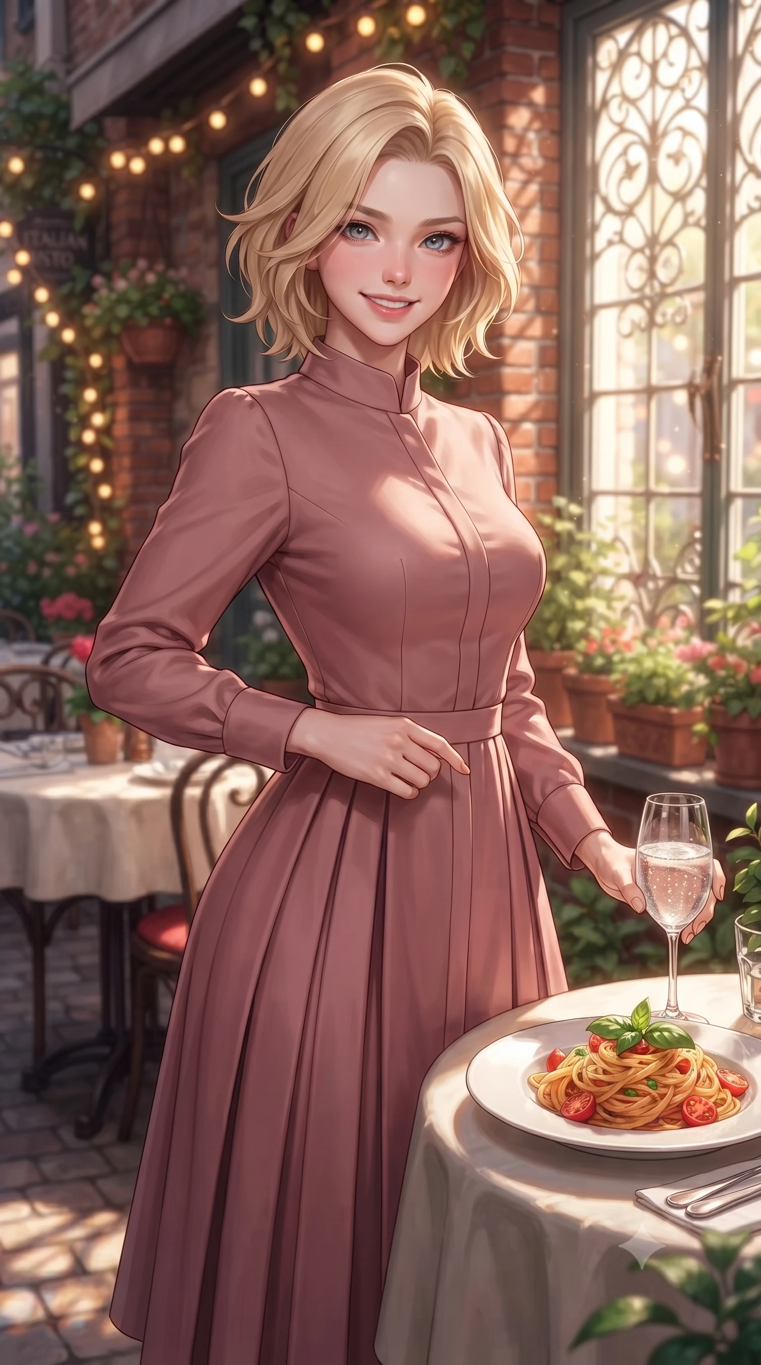 score_9, masterpiece, best quality, ultra-detailed, high-budget anime keyframe, editorial fashion photography, tasteful artistic composition, Caucasian woman. close-up cowboy shot from the waist and thighs up, the character dominates the composition, filling the frame with her large presence, background elements kept in soft focus. smiling warmly with a soft, affectionate expression, making cute eye contact set against a soft-focus background of at an outdoor garden table of a cozy Italian bistro decorated with fairy lights with a plate of delicious pasta and a glass of sparkling water on the table. She has an exceptionally elegant, slender, and willowy female figure with an ultra-slim waist, a gracefully sculpted slender torso, and a refined silhouette. sharp v-shaped jawline, high-bridge nose, intricate jewel-like eyes with depth, thick eyelashes, glossy lips with a natural sheen. wearing tailored lovely long-sleeve midi dress in dusty rose, featuring a high collar and pleated skirt. bright afternoon sunlight streaming through the large window pane. highly saturated vibrant anime colors, detailed shading with soft gradients, rich glossy textures, high-contrast stereoscopic depth, volumetric dynamic lighting, master piece, 9:16 ratio