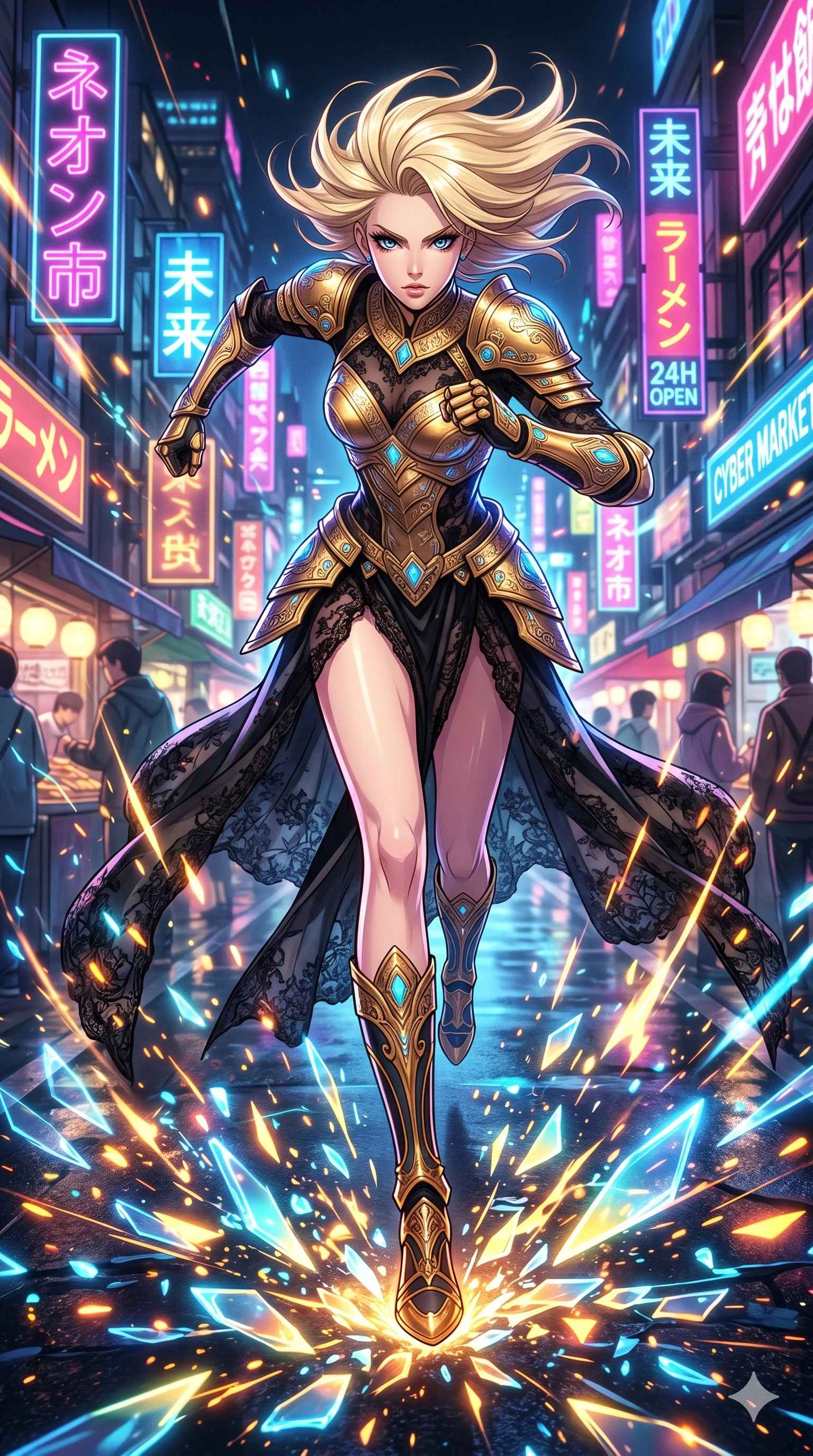 score_9, masterpiece, best quality, ultra-detailed, Set A: High-budget Anime Keyframe, Caucasian (strictly human ears) woman. Low angle cowboy shot filling the entire 9:16 frame with her statuesque presence. Sprinting through a futuristic night market, as the ground beneath her turns into 271 shards of light and surrounded by glowing energy sparks. She has an absolutely perfect 8-heads proportion, an exceptionally tall and slender female figure with impossibly long slender legs and an ultra-slim waist. Sharp v-shaped jawline, high-bridge nose, intricate jewel-like eyes with depth, thick eyelashes, glossy lips with a natural sheen. Wearing Ornate gold plate armor over a sheer black lace gown with a high-slit. Cinematic lighting, vibrant colors, dramatic shadows, 2k, ultra detail, master piece, 9:16 ratio