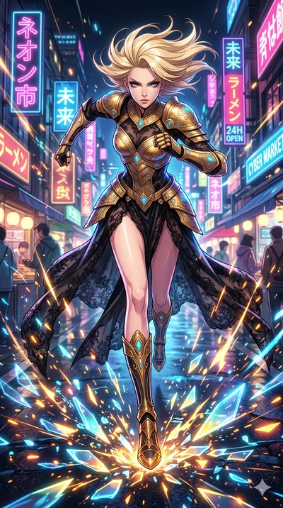 score_9, masterpiece, best quality, ultra-detailed, Set A: High-budget Anime Keyframe, Caucasian (strictly human ears) woman. Low angle cowboy shot filling the entire 9:16 frame with her statuesque presence. Sprinting through a futuristic night marke