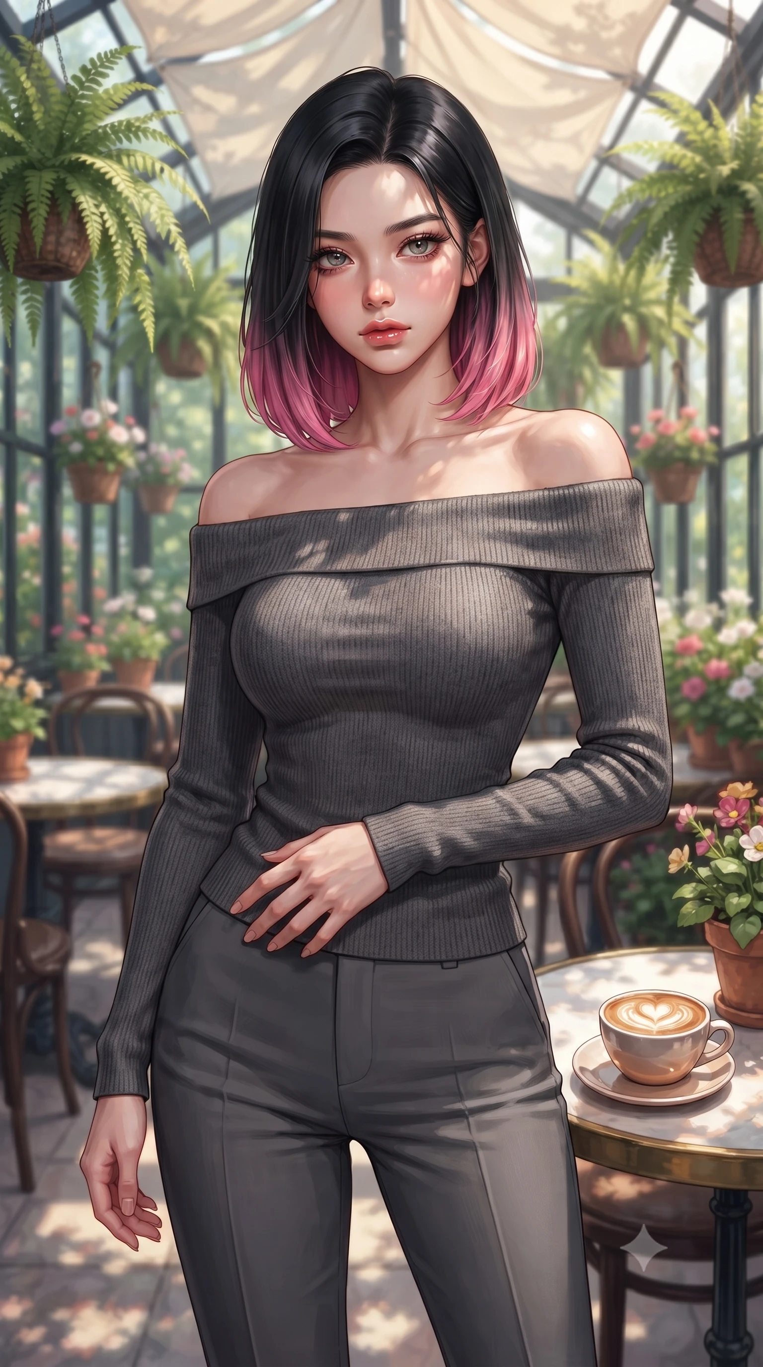 score_9, masterpiece, best quality, ultra-detailed, high-budget anime keyframe, editorial fashion photography, tasteful artistic composition, Korean woman. close-up cowboy shot from the waist and thighs up, the character dominates the composition, filling the frame with her large presence, background elements kept in soft focus. resting one hand on her waist, casting a smoldering, enticing side-gaze at the viewer set against a soft-focus background of in a quiet glass-roofed sunroom cafe filled with hanging ferns and flower pots with a warm cup of cafe latte with heart-shaped foam art on the table. She has an exceptionally elegant, slender, and willowy female figure with an ultra-slim waist, a gracefully sculpted slender torso, and a refined silhouette. sharp v-shaped jawline, high-bridge nose, intricate jewel-like eyes with depth, thick eyelashes, glossy lips with a natural sheen. wearing form-contouring body-hugging off-shoulder knit top in charcoal, paired with tailored slim pants. dappled sunlight filtering through the outdoor awning onto her face. highly saturated vibrant anime colors, detailed shading with soft gradients, rich glossy textures, high-contrast stereoscopic depth, volumetric dynamic lighting, master piece, 9:16 ratio