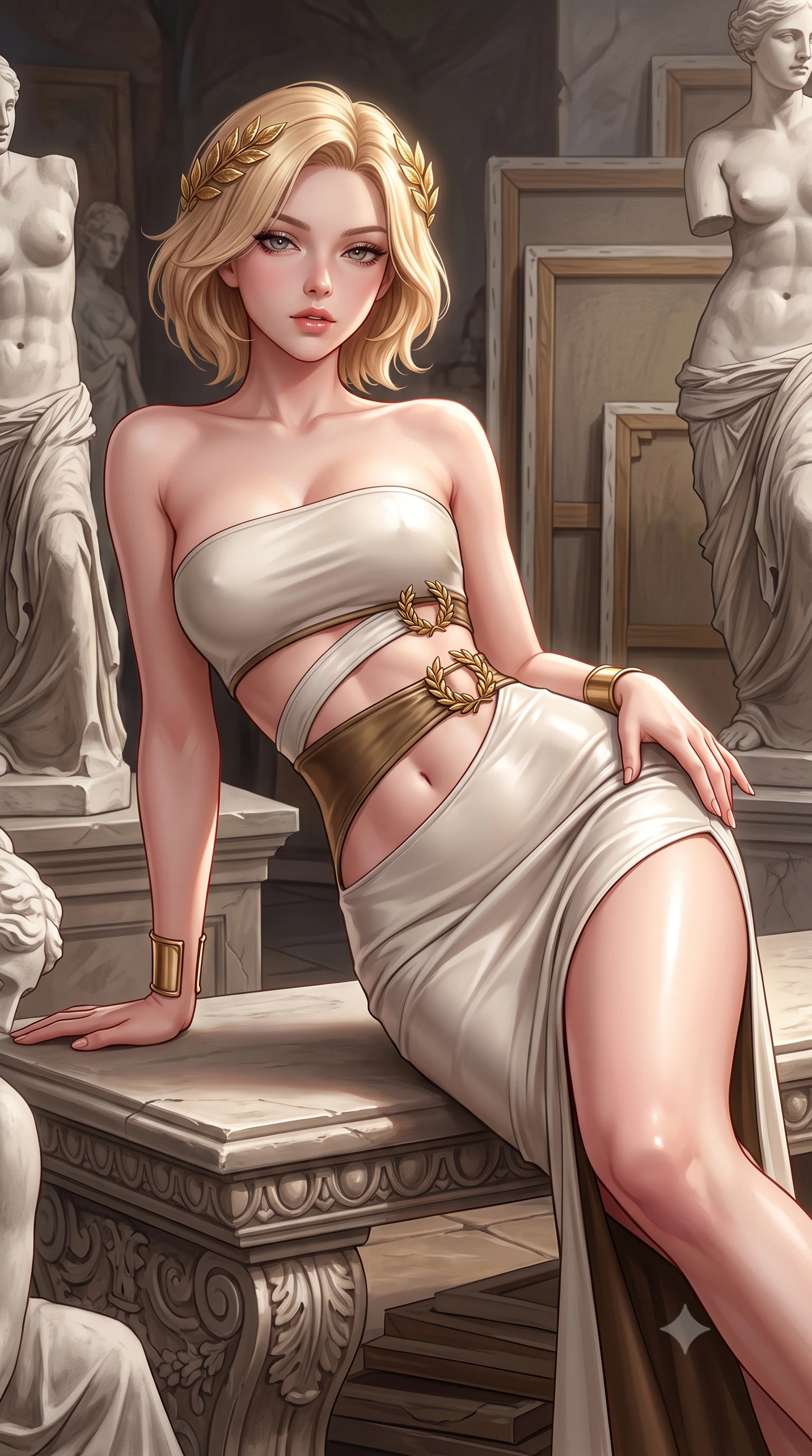 score_9, masterpiece, best quality, ultra-detailed, high-budget anime keyframe, semi-realistic 3D game render, editorial fashion photography, tasteful artistic composition, Caucasian woman. close-up cowboy shot from the waist and thighs up, the character dominates the composition, filling the frame with her large presence. arching her spine backward with effortless dancer poise, one hand sliding along her hip line as directional light carves specular highlights along her silhouette while reclining on a low carved stone bench amidst unfinished plaster statues, torso propped on one hand with smoldering artistic allure. The surrounding environment is rendered in vivid detail and crisp panoramic clarity. timeless Renaissance chiaroscuro and monumental artistic atelier aesthetics captured with precision. She has an exceptionally elegant, slender, and willowy female figure with an ultra-slim waist, a gracefully sculpted slender torso, toned flat midriff, and rounded feminine hips creating an alluring hourglass silhouette. sharp v-shaped jawline, high-bridge nose, intricate jewel-like eyes with depth, thick eyelashes, glossy parted lips with a natural sheen, intensely captivating and seductive bedroom-eyes expression, flawlessly proportioned anatomical accuracy, strict slender model proportions, natural body alignment, perfectly sculpted long slender limbs, ultra-slim waistline, clean dynamic posture without body distortion. wearing a modern sculptural tube dress with diagonal midriff cutouts framed by golden laurel hardware in alabaster ivory and antique bronze, crafted from second-skin supple lambskin leather with specular sheen, accessorized with a classical golden laurel wreath in her hair and minimalist gold cuffs, the second-skin form-contouring cut accentuating her sculpted flat midriff, narrow waistline, and dramatically curvy hips without adding bulk. illuminated by crisp sculptural key lighting carving her narrow waist, curved hips, and statuesque limbs. highly saturated vibrant anime colors, detailed shading with soft gradients, rich glossy textures, high-contrast stereoscopic depth, volumetric dynamic lighting, master piece, 9:16 ratio