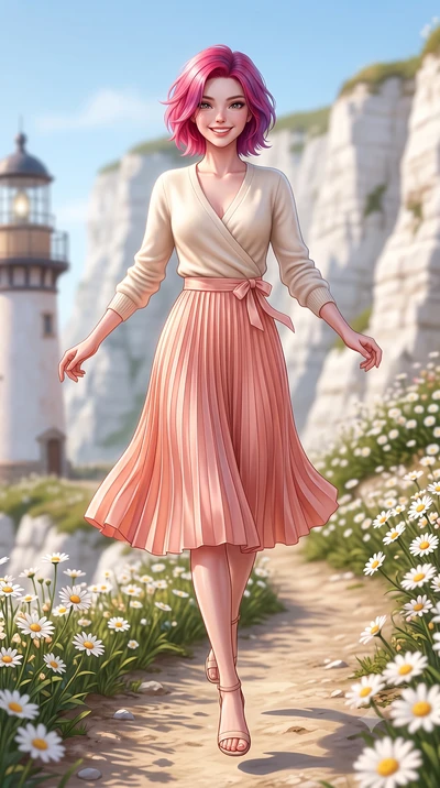score_9, masterpiece, best quality, ultra-detailed, high-budget anime keyframe, semi-realistic 3D game render, editorial fashion photography, tasteful artistic composition, Caucasian woman. low angle full-body shot from head to toe showing her feet, 