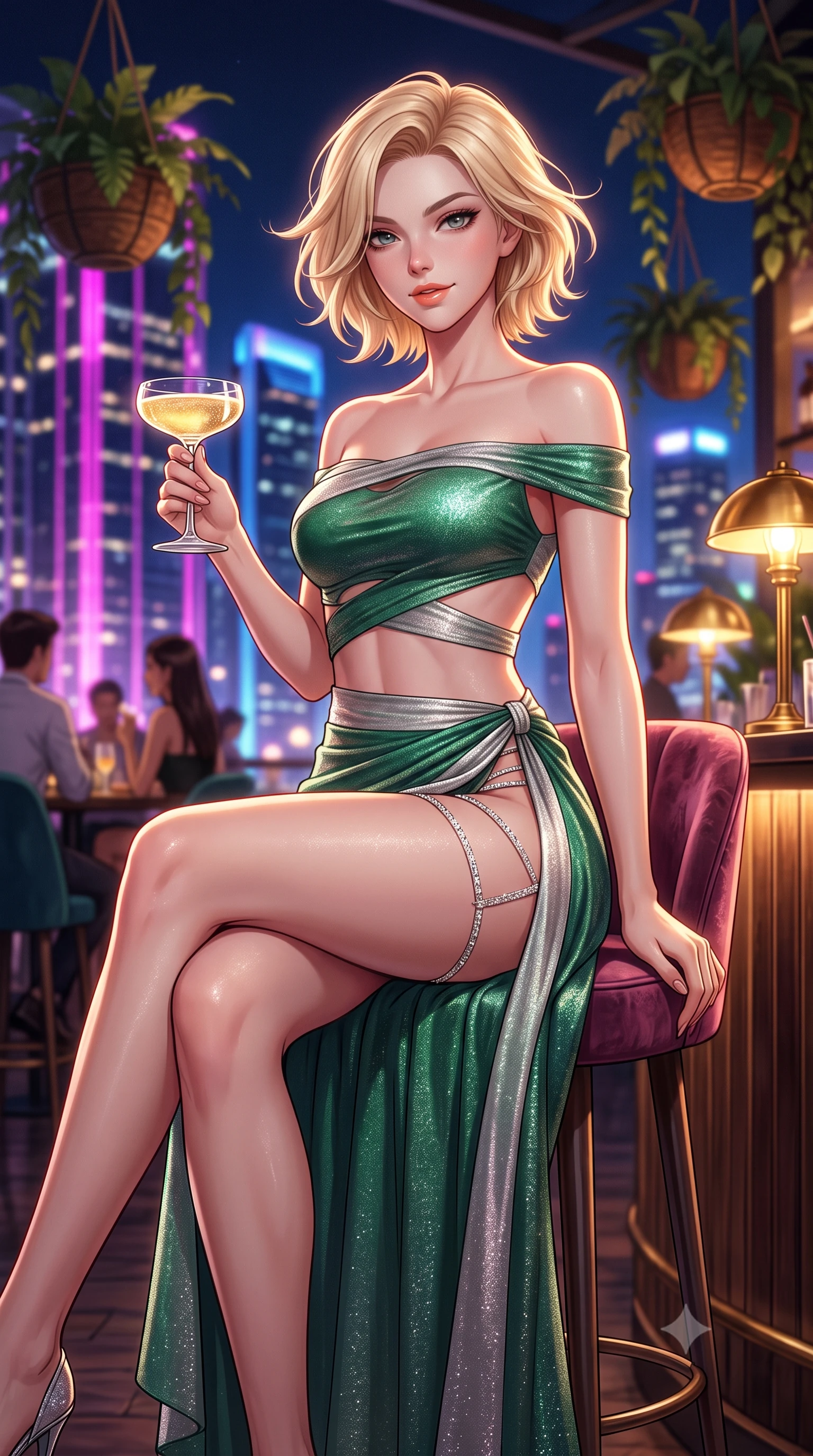 score_9, masterpiece, best quality, ultra-detailed, high-budget anime keyframe, semi-realistic 3D game render, editorial fashion photography, tasteful artistic composition, Caucasian woman. close-up cowboy shot from the waist and thighs up, the character dominates the composition, filling the frame with her large presence. turning slowly with an enchanting smoldering smile, her glossy hair tossing in the breeze as her hips angle gracefully in a captivating contrapposto while sitting perched on the high velvet barstool with legs crossed, holding a coupe of champagne with magnetic, teasing charm. The background shows a soft-focus hanging tropical plant baskets softened in trendy Singapore rooftop bar shallow focus. She has an exceptionally elegant, slender, and willowy female figure with an ultra-slim waist, flat toned midriff, narrow ribcage, and sculpted feminine hips creating an alluring, slim hourglass silhouette without bulk. sharp v-shaped jawline, high-bridge nose, intricate jewel-like sparkling eyes with depth, thick eyelashes, glossy parted lips with a natural peach sheen, bright cheerful beaming smile with an enchanting and coquettish sensual glint, exuding both youthful cute charm and seductive allure, flawlessly proportioned anatomical accuracy, strict slender model proportions, natural body alignment, perfectly sculpted long slender limbs, ultra-slim waistline, clean dynamic posture without body distortion. wearing a provocative off-the-shoulder crop top with asymmetrical side-torso cutouts and a high-slit wrap skirt in Art Nouveau malachite green and antique starlight silver, woven from stretch metallic lurex jersey casting radiant starlight glints across her curves, finished with delicate crystal-encrusted thigh garter straps glinting in the dim light, the bespoke structured tailoring following the natural line of her 8.5-heads silhouette with refined elegance. bathed in the warm golden 2300K glow of vintage brass lamps mixed with electric magenta and sapphire city skyscraper reflections. highly saturated vibrant anime colors, detailed shading with soft gradients, rich glossy textures, high-contrast stereoscopic depth, volumetric dynamic lighting, master piece, 9:16 ratio