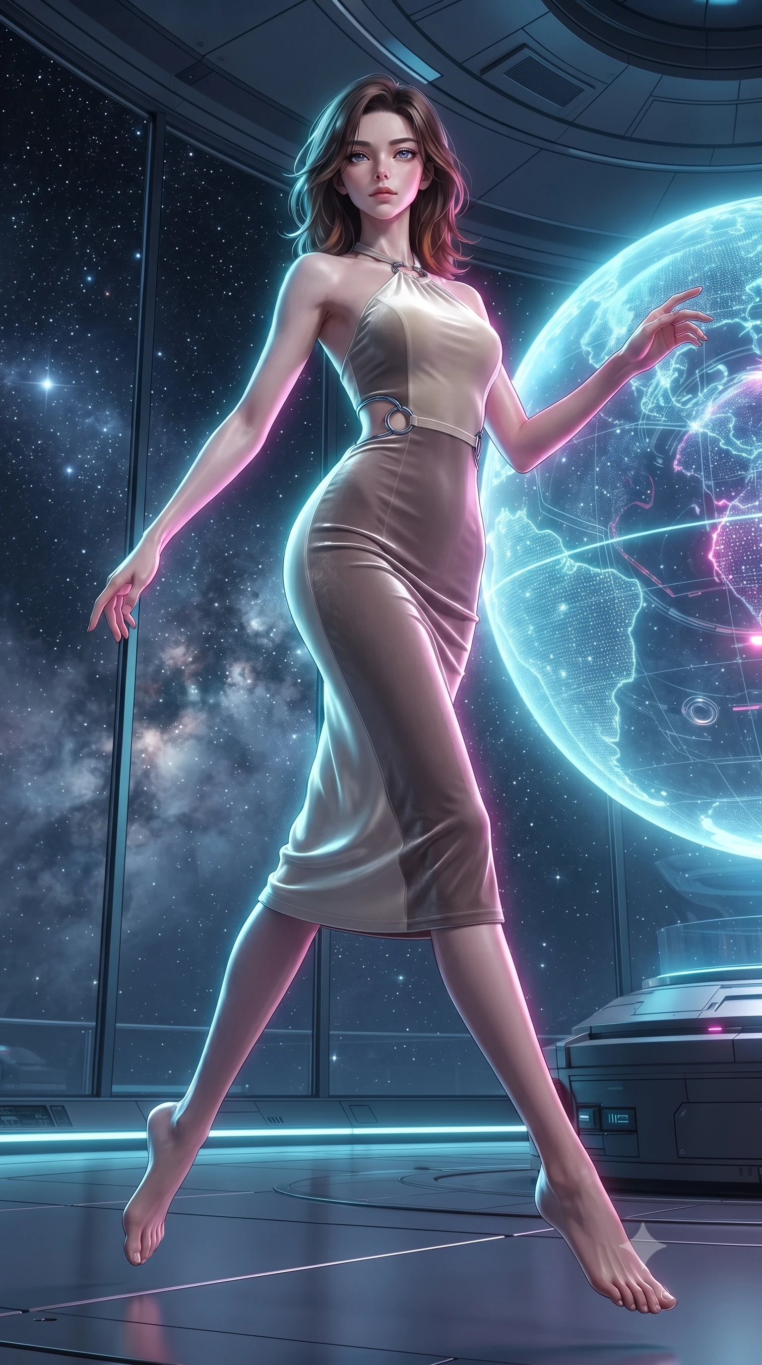 score_9, masterpiece, best quality, ultra-detailed, high-budget anime keyframe, editorial fashion photography, tasteful artistic composition, Korean woman. low angle full-body shot from head to toe showing her feet, filling the entire 9:16 vertical frame with her statuesque presence, stretching her vertical silhouette. leaping gracefully through the environment with statuesque elegance and long slender legs interacting with a giant glowing holographic globe of a cybernetic planet, starlight and cosmic nebula clouds glowing through the floor-to-ceiling glass. She has an absolutely perfect, statuesque 8.5-heads proportion, an exceptionally tall and slender model-like female figure with impossibly long slender legs and an ultra-slim waist. sharp v-shaped jawline, high-bridge nose, intricate jewel-like eyes with depth, thick eyelashes, glossy lips with a natural sheen. wearing a velvet halter-neck midi dress following her form like a glove in muted taupe and soft ivory, made of premium stretch velvet with a rich sheen, accented with delicate chrome ring hardware framing her waist, the glove-like fit emphasizing her statuesque silhouette. bathed in brilliant neon cyan and magenta rim light with clean white ambient glow. ultra-reflective glossy finish, specular highlights, metallic sheen, high-contrast stereoscopic depth, volumetric dynamic lighting, 2k, ultra detail, master piece, 9:16 ratio
