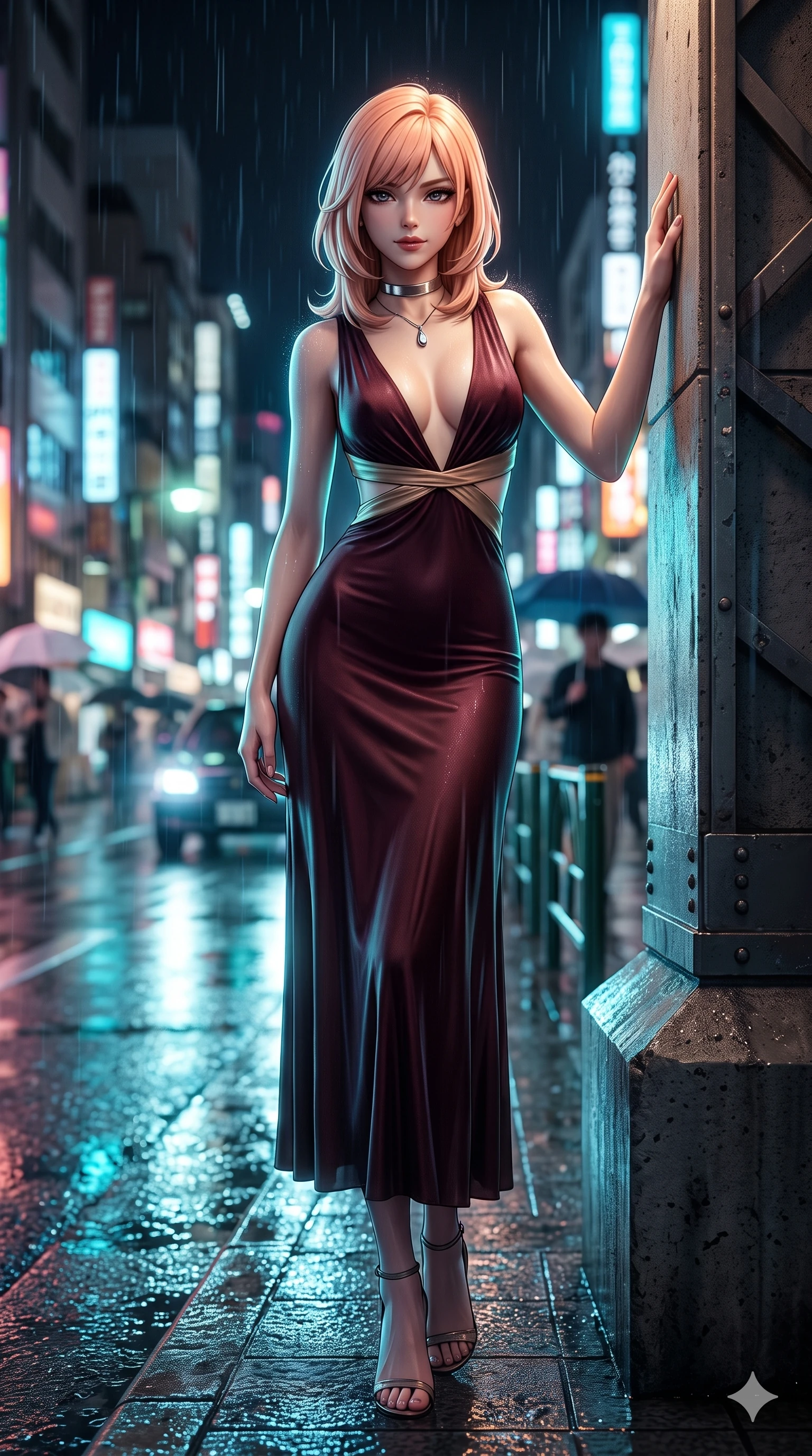 score_9, masterpiece, best quality, ultra-detailed, high-budget anime keyframe, semi-realistic 3D game render, editorial fashion photography, tasteful artistic composition, Japanese woman. low angle full-body shot from head to toe showing her feet, filling the entire 9:16 vertical frame with her statuesque presence, stretching her vertical silhouette. standing tall beside the architectural column, one hand resting high while arching her lower back to emphasize her sculpted feminine hips and slender waist while twisting her slender torso in an alluring S-curve beneath the neon glare, wet fabric clinging to her flat midriff and hourglass curves. The background shows a soft-focus bustling rainy Tokyo night streetscape softened in metropolitan shallow focus. She has an exceptionally tall and slender model-like 8.5-heads proportion, an ultra-slim waist, a flat toned midriff, narrow delicate ribcage, and beautifully sculpted feminine hips creating a graceful, slim hourglass silhouette without any bulky heaviness, with impossibly long slender legs. sharp v-shaped jawline, high-bridge nose, intricate jewel-like dark sparkling eyes with dangerous depth, thick curled eyelashes, glossy parted lips with a rich wine sheen, smoldering seductive half-smile with bedroom-eyes, exuding effortless superiority and intoxicating dark allure, flawlessly proportioned anatomical accuracy, strict slender model proportions, natural body alignment, perfectly sculpted long slender limbs, ultra-slim waistline, clean dynamic posture without body distortion. wearing a slinky deep-V liquid jersey cocktail dress with waist cutout accentuating her hourglass curves in dark mulberry wine and antique champagne, tailored from heavy double-faced silk georgette with an exceptionally fluid drape, finished with a minimalist chrome choker and a single teardrop pendant, the glove-like silhouette tightly following the natural contour of her hips and long slender legs with youthful 8.5-heads elegance. illuminated by mirror-wet road surface bounce and sharp electric-cyan rim lights defining her razor-sharp jawline, narrow waist, and curvy hips. highly saturated vibrant anime colors, detailed shading with soft gradients, rich glossy textures, high-contrast stereoscopic depth, volumetric dynamic lighting, master piece, 9:16 ratio