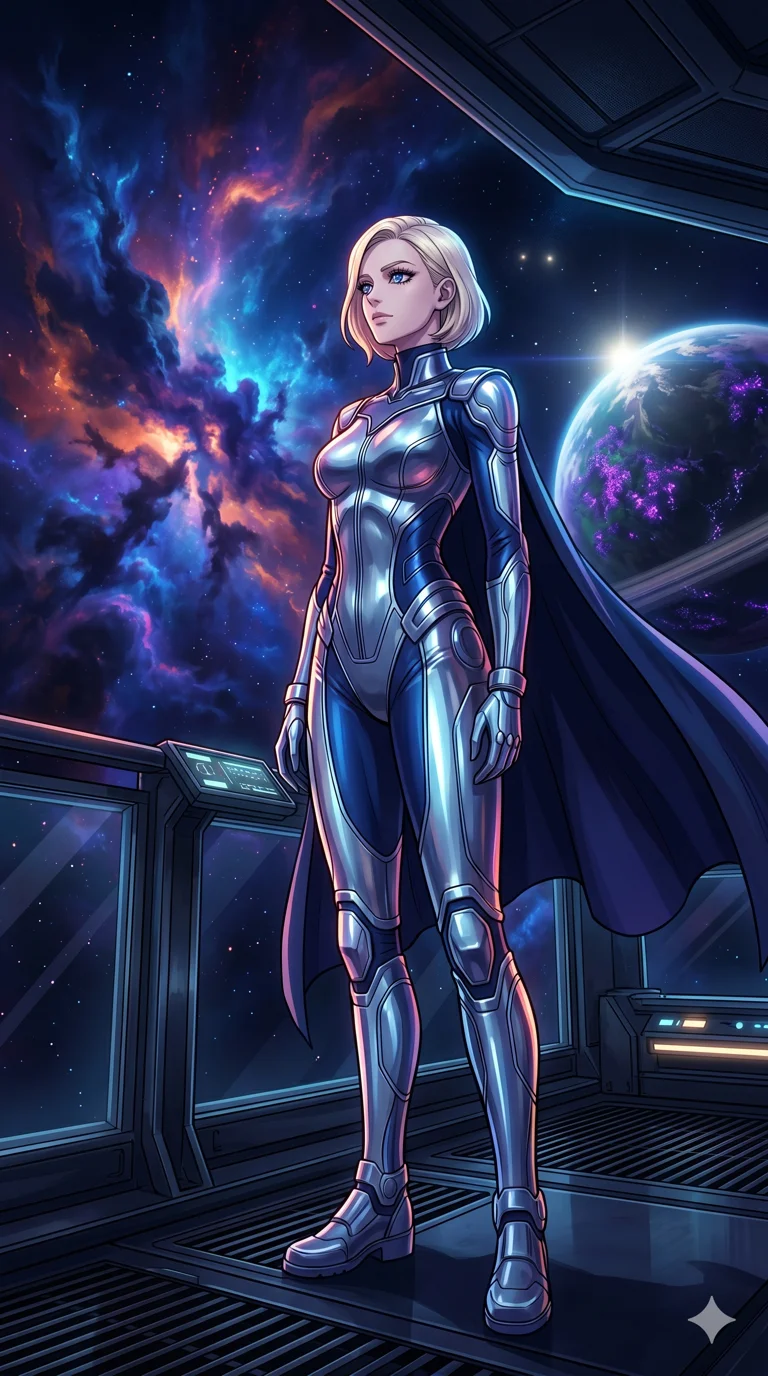 score_9, masterpiece, best quality, ultra-detailed, High-budget Anime Keyframe, vibrant colors, fluid line-art, expressive lighting, cinematic composition, Ufotable-style visual effects, top-tier animation quality, Caucasian woman with pale skin, blonde hair, and (strictly human ears). Cinematic low angle perspective showcasing her towering height and perfect 8-heads proportion. Observing the slow birth of a new nebula from her private balcony on a space station, the colors reflecting in her eyes. She has an absolutely perfect 8-heads proportion, an exceptionally tall and slender female figure with impossibly long slender legs and an ultra-slim waist, her statuesque height and towering silhouette dominating the vertical 9:16 frame. Her face is a masterpiece featuring a sharp v-shaped jawline, high-bridge nose, intricate jewel-like eyes with depth, thick eyelashes, and glossy lips with a natural sheen. She is wearing a Molten metal-look bodysuit with daring cut-outs and a high-cut silhouette crafted from Transparent PVC with a high-gloss finish that reveals the intricate layers beneath, featuring a deep plunging neckline and delicate lace-up side details. The scene is set in a mysterious alien planet with bioluminescent purple flora and a giant ringed planet in the sky, illuminated by harsh neon light and deep shadows creating a high-contrast noir aesthetic. 2k, ultra detail, master piece, 9:16 ratio