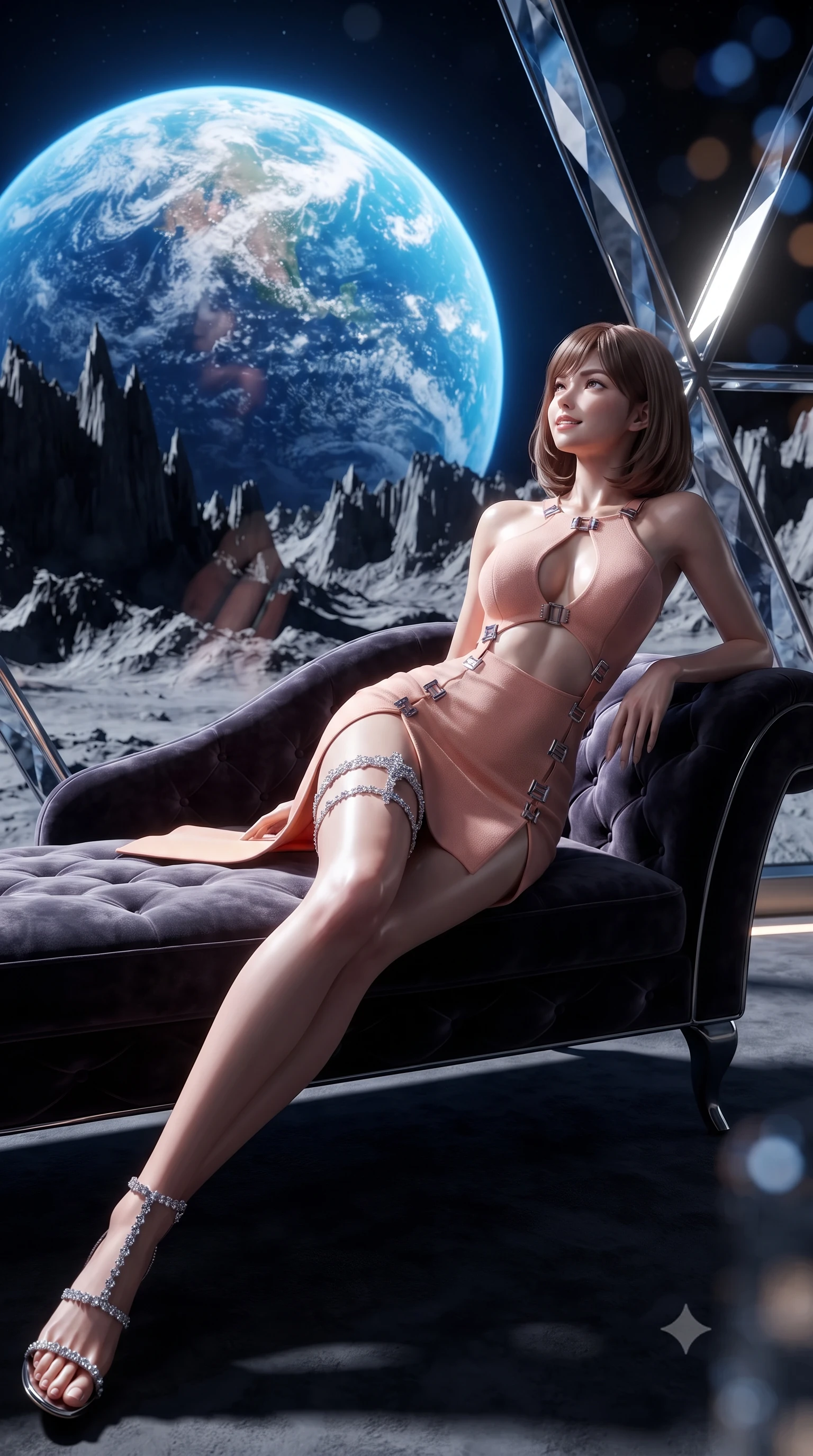 score_9, masterpiece, best quality, ultra-detailed, high-budget anime keyframe, editorial fashion photography, tasteful artistic composition, Caucasian woman. low angle full-body shot from head to toe showing her feet, filling the entire 9:16 vertical frame with her statuesque presence, stretching her vertical silhouette. reclining gracefully across the plush chaise lounge with one leg extended, her sculpted silhouette and flat midriff radiating magnetic nocturnal glamour while leaning against the faceted diamond-glass dome strut with hips cocked back, gazing up at the brilliant blue marble of Earth rising over lunar peaks with bedroom-eyes. The background shows a soft-focus jagged lunar peaks casting razor-sharp black shadows, glowing blue Earthrise in the starry black void, and dome structural nodes blurred into cobalt, diamond, and onyx bokeh. She has an exceptionally tall and slender model-like 8.5-heads proportion, an ultra-slim waist, a flat toned midriff, narrow delicate ribcage, and beautifully sculpted feminine hips creating a graceful, slim hourglass silhouette without any bulky heaviness, with impossibly long slender legs. sharp v-shaped jawline, high-bridge nose, intricate jewel-like sparkling eyes with depth, thick eyelashes, glossy parted lips with a natural peach sheen, bright cheerful beaming smile with an enchanting and coquettish sensual glint, exuding both youthful cute charm and seductive allure, flawlessly proportioned anatomical accuracy, strict slender model proportions, natural body alignment, perfectly sculpted long slender limbs, ultra-slim waistline, clean dynamic posture without body distortion. wearing a provocative open-waist cutout mini dress framed by polished chrome hardware and thigh-high slit in Solaris liquid rose-quartz and alien peach, crafted from bespoke double-faced cashmere with an exceptionally soft tactile finish, finished with delicate crystal-encrusted thigh garter straps glinting in the dim light, the bespoke structured tailoring following the natural line of her 8.5-heads silhouette with refined elegance. bathed in the cool high-contrast cobalt-and-white Earthlight combined with warm 2800K dome interior reading lamps. ultra-reflective glossy finish, specular highlights, rich textural contrasts, high-contrast stereoscopic depth, volumetric dynamic lighting, 2k, ultra detail, master piece, 9:16 ratio