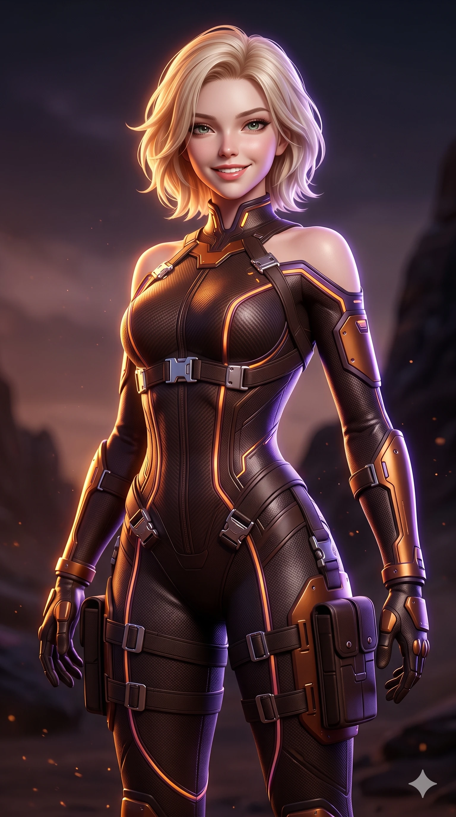 score_9, masterpiece, best quality, ultra-detailed, high-budget anime keyframe, semi-realistic 3D game render, editorial fashion photography, tasteful artistic composition, Caucasian woman. close-up cowboy shot from the waist and thighs up, the character dominates the composition, filling the frame with her large presence. twisting her slender torso in an alluring S-curve, dynamic rim light painting her narrow waist and curvy hips in fire while twisting her slender torso in an alluring contrapposto, dual amber-violet solar rays tracing her narrow waist and curvy hips in sharp contrast. The background shows a soft-focus planetary dust haze softened in alien obsidian desert shallow focus. She has an exceptionally elegant, slender, and willowy female figure with an ultra-slim waist, flat toned midriff, narrow ribcage, and sculpted feminine hips creating an alluring, slim hourglass silhouette without bulk. sharp v-shaped jawline, high-bridge nose, intricate jewel-like sparkling eyes with depth, thick eyelashes, glossy parted lips with a natural sheen, bright confident smile with an enchanting and coquettish sensual glint, exuding both youthful magnetic charm and sovereign high-tech allure, flawlessly proportioned anatomical accuracy, strict slender model proportions, natural body alignment, perfectly sculpted long slender limbs, ultra-slim waistline, clean dynamic posture without body distortion. wearing a form-fitting zero-gravity EVA jumpsuit with an ultra-slim corseted waist and exposed clavicle line in cosmic eclipse amber and starlight diamond, crafted from lightweight aerodynamic matte carbon-fiber weave with structural stiffness, finished with polished chrome buckle hardware and modular magnetic holster clasps, the glove-like clinging cut tightly following the natural contour of her hips and long slender legs with youthful 8.5-heads elegance. illuminated by glowing monolith circuit veins and sharp golden-amber rim lights sculpting her razor-sharp jawline, narrow waist, and curvy hips. highly saturated vibrant anime colors, detailed shading with soft gradients, rich glossy textures, high-contrast stereoscopic depth, volumetric dynamic lighting, master piece, 9:16 ratio