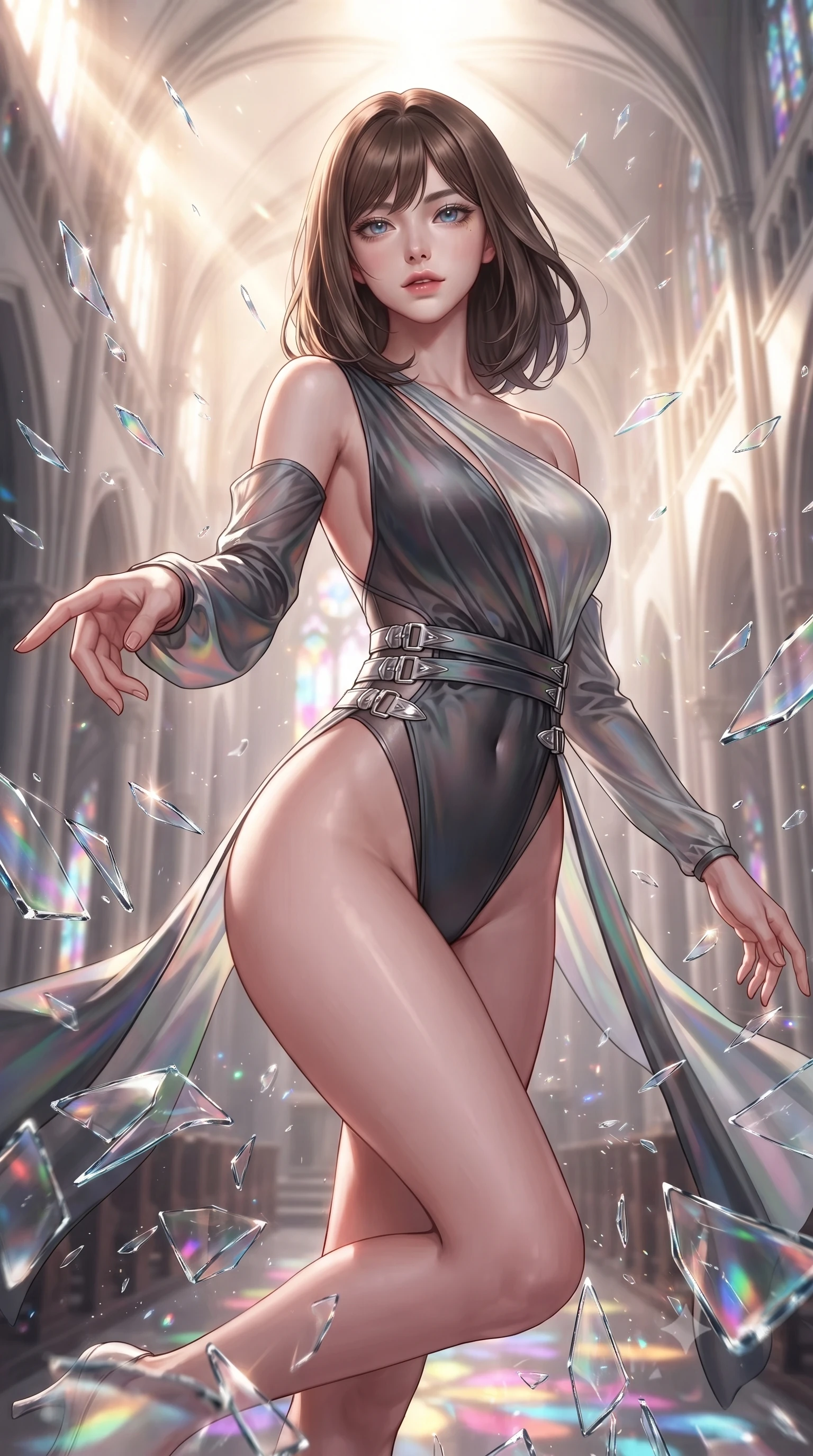 score_9, masterpiece, best quality, ultra-detailed, high-budget anime keyframe, editorial fashion photography, tasteful artistic composition, Korean woman. close-up cowboy shot from the waist and thighs up, the character dominates the composition, filling the frame with her large presence, background elements kept in soft focus. Reaching one hand gracefully toward the viewer with effortless superiority and allure leaping through shattered liquid glass fragments in a illuminated cathedral, majestic vaulted ceilings rising high into a luminous atmosphere. She has an exceptionally elegant, slender, and willowy female figure with an ultra-slim waist, a gracefully sculpted slender torso, and a refined silhouette. sharp v-shaped jawline, high-bridge nose, intricate jewel-like eyes with depth, thick eyelashes, glossy lips with a natural sheen. wearing an asymmetrical high-cut tech-bodysuit with detached sleeves in charcoal grey and platinum, crafted from iridescent chiffon that shifts colors in the light, detailed with polished silver buckles along the waistline, the elegant draped fit framing her graceful clavicle and slender torso. lit by bright sunbursts creating vivid, saturated color projections. ultra-reflective glossy finish, specular highlights, metallic sheen, high-contrast stereoscopic depth, volumetric dynamic lighting, 2k, ultra detail, master piece, 9:16 ratio