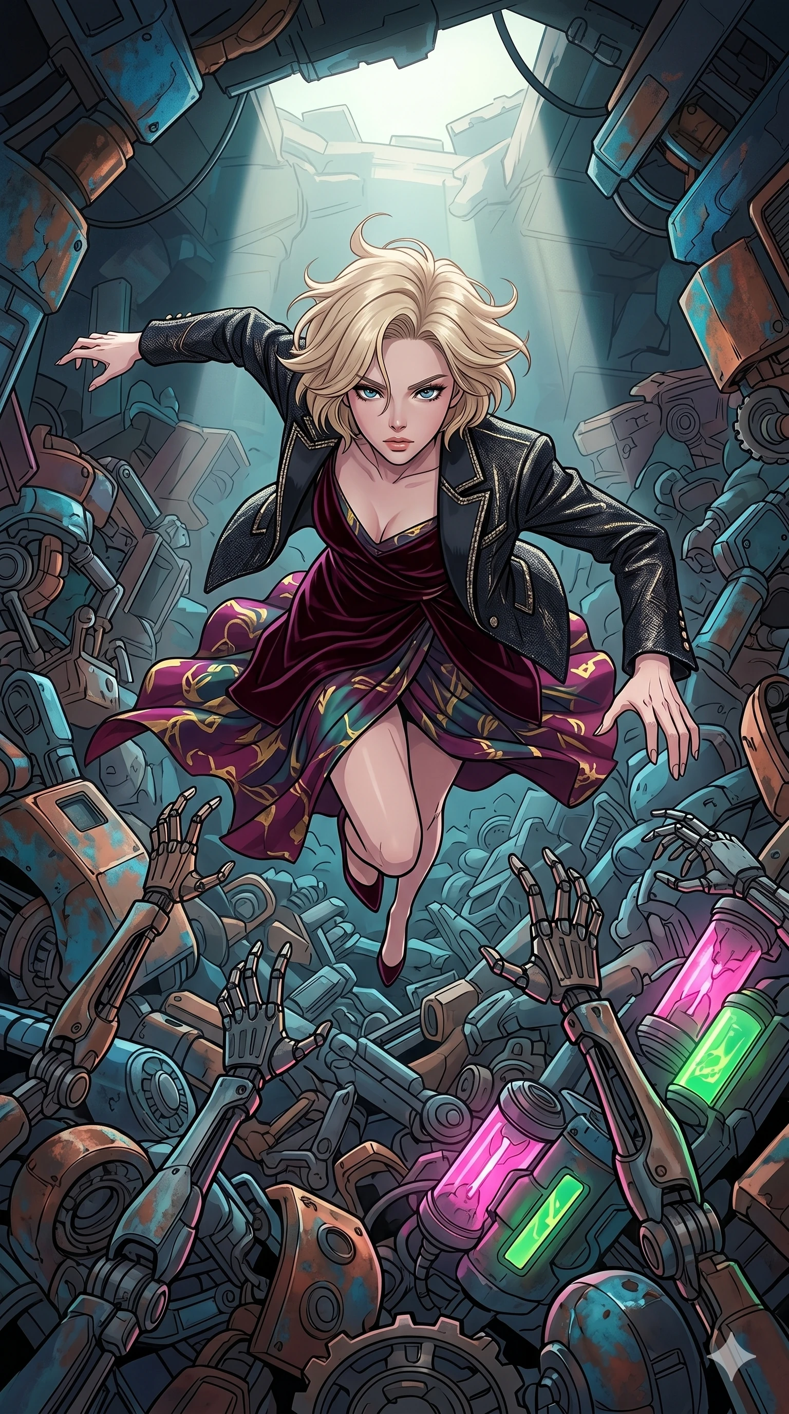 score_9, masterpiece, best quality, ultra-detailed, high-budget anime movie keyframe, cinematic anime lighting, intricate line art, Caucasian (strictly human ears) woman. Extreme high angle shot as she leaps towards the camera, filling the frame. surveying a robotic junkyard where discarded machines reach out. She has an graceful and slender female figure with elegant proportions. strictly human anatomy, two legs only, no extra limbs, clearly defined legs and arms, well-defined anatomy, perfect hands and fingers. sharp v-shaped jawline, high-bridge nose, intricate jewel-like eyes, thick eyelashes, glossy lips. Wearing High-Fashion Editorial: Sophisticated silk gown, elegant velvet dress, and a structured designer blazer. The scene is illuminated by dramatic atmospheric lighting and vibrant color palettes. , 2k, ultra detail, master piece, 9:16 ratio