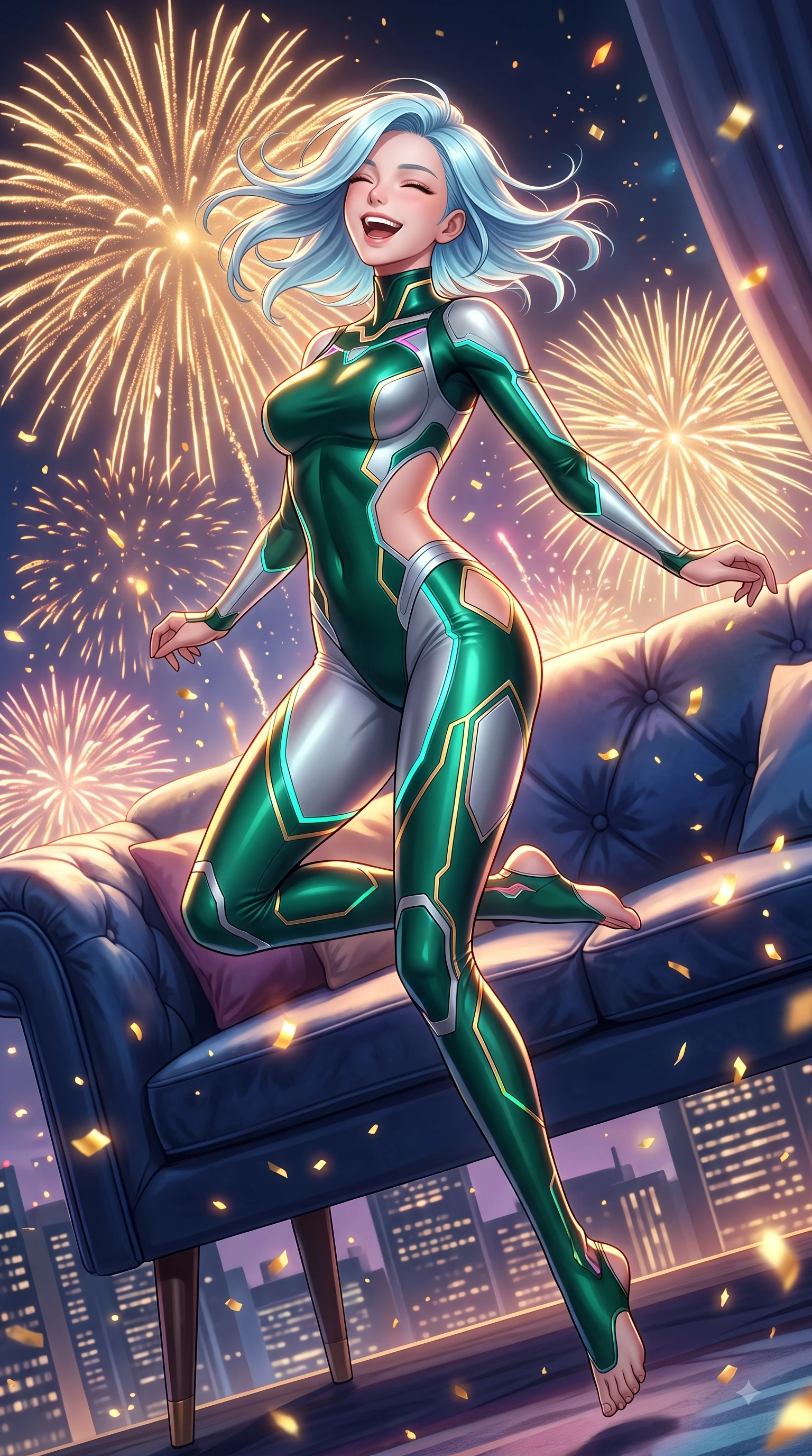score_9, masterpiece, best quality, ultra-detailed, high-budget anime keyframe, editorial fashion photography, tasteful artistic composition, Korean woman. low angle full-body shot from head to toe showing her feet, filling the entire 9:16 vertical frame with her statuesque presence, stretching her vertical silhouette. performing a cheerful mid-air rotation with flawless poise, her radiant smile capturing pure happy energy while resting happily against a plush lounge sofa as golden fireworks burst in the night sky, sparkling confetti and golden embers drifting around her dynamic silhouette. She has an absolutely perfect, statuesque 8.5-heads proportion, an exceptionally tall and slender model-like female figure with impossibly long slender legs and an ultra-slim waist. sharp v-shaped jawline, high-bridge nose, intricate jewel-like eyes with depth, thick eyelashes, glossy lips with a natural sheen, flawlessly proportioned anatomical accuracy, natural body alignment, perfectly sculpted elegant limbs, clean dynamic posture without body distortion. wearing a skin-tight cybernetic bodysuit with glowing neon seams and side cutouts in deep emerald green and silver accent, crafted from smooth liquid silk, featuring subtle geometric cutouts that highlight her ultra-slim midriff, the tailored fabric tightly following every curve of her athletic build. illuminated by cheerful city skyline backlighting and vibrant rim lights. highly saturated vibrant anime colors, detailed shading with soft gradients, rich glossy textures, high-contrast stereoscopic depth, volumetric dynamic lighting, master piece, 9:16 ratio
