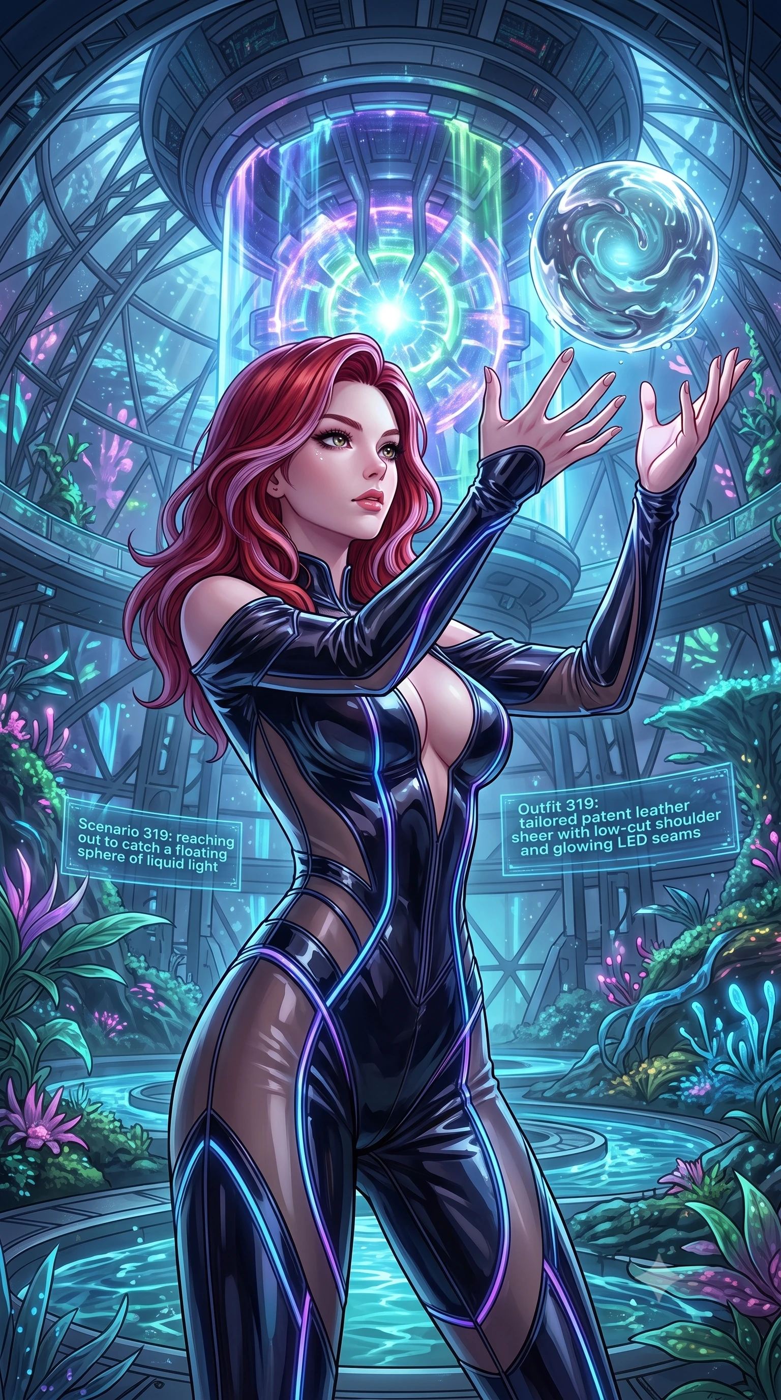 score_9, masterpiece, best quality, ultra-detailed, High-budget Anime Keyframe, Caucasian woman, strictly human ears. Low angle cowboy shot filling the entire 9:16 frame with her statuesque presence. Scenario 319: reaching out to catch a floating sphere of liquid light in a secret bio-dome containing a giant glowing fusion reactor. Her presence is magnetic and overpowering in this high-budget anime scene. Outfit 319: a tailored patent leather sheer with a low-cut shoulder and glowing LED seams. The clothing is designed to emphasize her exceptionally tall and slender 8-heads proportion. 8-heads proportion, towering silhouette, ultra-slim waist. sharp v-shaped jawline, intricate jewel-like eyes with depth, thick eyelashes, glossy lips. 2k, ultra detail, master piece, 9:16 ratio