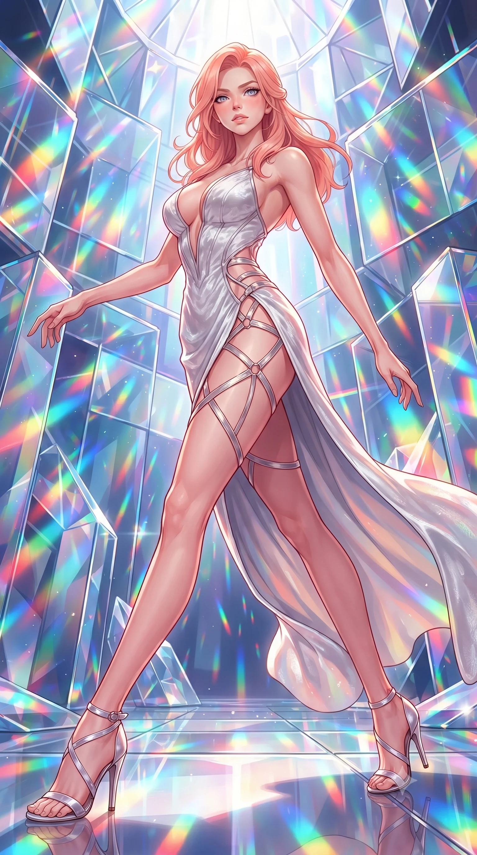 score_9, masterpiece, best quality, ultra-detailed, high-budget anime keyframe, editorial fashion photography, tasteful artistic composition, Japanese woman. low angle full-body shot from head to toe showing her feet, filling the entire 9:16 vertical frame with her statuesque presence, stretching her vertical silhouette. navigating the celestial sanctuary with an effortless, graceful stride, navigating a prism maze with infinite light reflections scattering into rainbow spectrums, high-contrast stereoscopic depth with crystal reflection layers. She has an absolutely perfect, statuesque 8.5-heads proportion, an exceptionally tall and slender model-like female figure with impossibly long slender legs and an ultra-slim waist. sharp v-shaped jawline, high-bridge nose, intricate jewel-like eyes with depth, thick eyelashes, glossy lips with a natural sheen. wearing low-cut structured bodice gown in liquid pearl with high leg slit in radiant platinum, made of crushed white silk velvet, highlighted by a platinum metallic harness structure, sculpting her athletic slender build with refined precision. illuminated by brilliant multi-color rainbow light refracting through glass prisms. highly saturated vibrant anime colors, detailed shading with soft gradients, rich glossy textures, high-contrast stereoscopic depth, volumetric dynamic lighting, master piece, 9:16 ratio