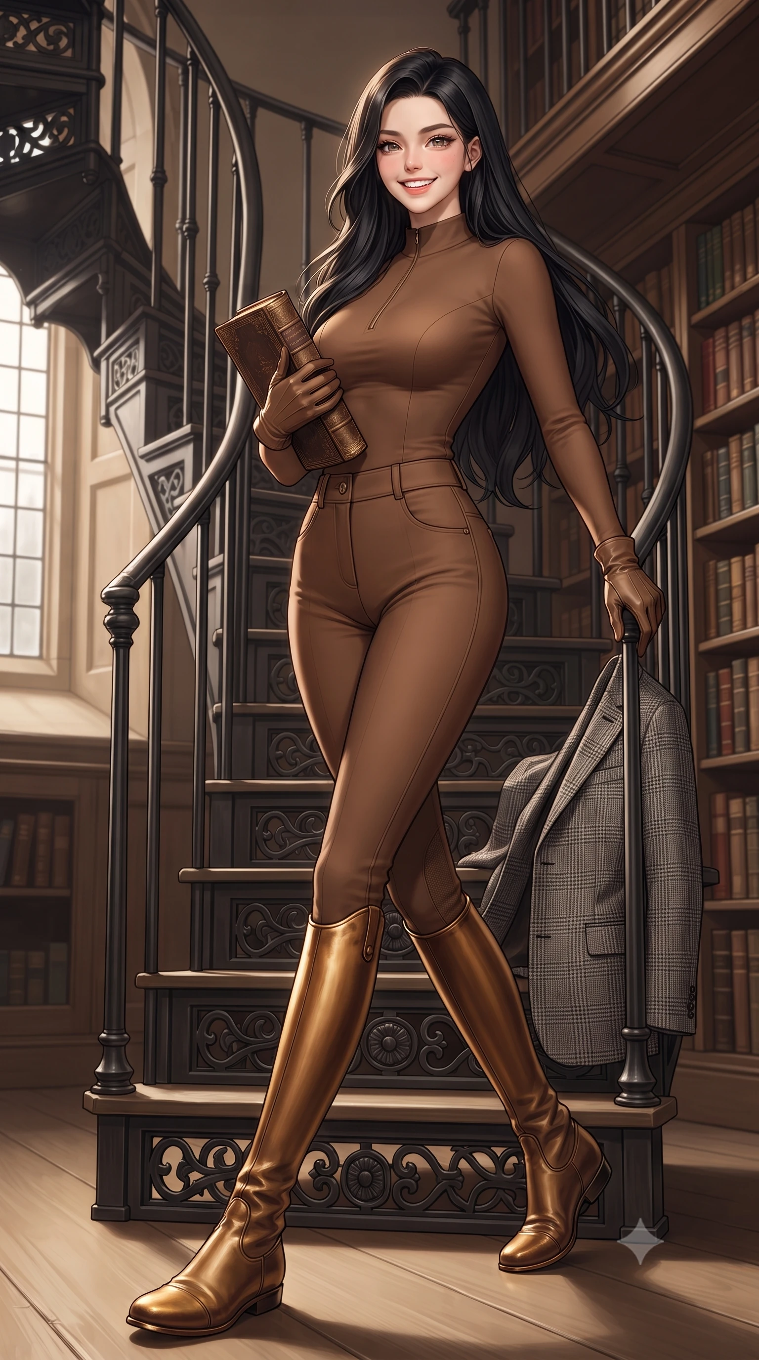 score_9, masterpiece, best quality, ultra-detailed, high-budget anime keyframe, editorial fashion photography, tasteful artistic composition, Korean woman. low angle full-body shot from head to toe showing her feet, filling the entire 9:16 vertical frame with her statuesque presence, stretching her vertical silhouette. stepping forward in a confident stride, her long slender legs and curvaceous hips creating a dynamic, sweeping vertical line while leaning poised against the spiral iron library stairs, holding an antique volume to her chest with refined scholar charm. The surrounding environment is rendered in vivid detail and crisp panoramic clarity: detailed bespoke Prince of Wales check blazer tailoring, horn button textures, and historic Oxford architecture in razor-sharp precision. She has an exceptionally tall and slender model-like 8.5-heads proportion, an ultra-slim waist, a flat toned midriff, narrow delicate ribcage, and beautifully sculpted feminine hips creating a graceful, slim hourglass silhouette without any bulky heaviness, with impossibly long slender legs. sharp v-shaped jawline, high-bridge nose, intricate jewel-like sparkling eyes with depth, thick eyelashes, glossy parted lips with a natural peach sheen, bright cheerful beaming smile with an enchanting and coquettish sensual glint, exuding both youthful cute charm and seductive allure, flawlessly proportioned anatomical accuracy, strict slender model proportions, natural body alignment, perfectly sculpted long slender limbs, ultra-slim waistline, clean dynamic posture without body distortion. wearing a form-fitting equestrian stretch bodysuit paired with snug tailored riding breeches and polished knee-high leather boots in warm chestnut brown and burnished gold, made of high-gauge compact silk knit that hugs her curves with seamless sculpted precision, complemented by buttery leather opera gloves tracing her slender arms with sleek polish, the liquid-tight tailored fabric clinging flawlessly to her narrow waist and rounded feminine hips, emphasizing every millimeter of her sculpted slim hourglass curves without any bulky heaviness. illuminated by oak bookshelf reflection fill and soft champagne-gold rim lights defining her razor-sharp jawline and elegant tailored silhouette. ultra-reflective glossy finish, specular highlights, rich textural contrasts, high-contrast stereoscopic depth, volumetric dynamic lighting, 2k, ultra detail, master piece, 9:16 ratio